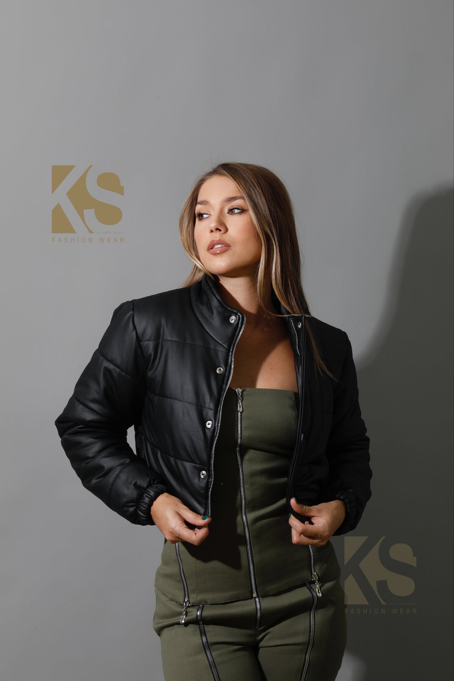 Leather Puffer Cropped Jacket - Black