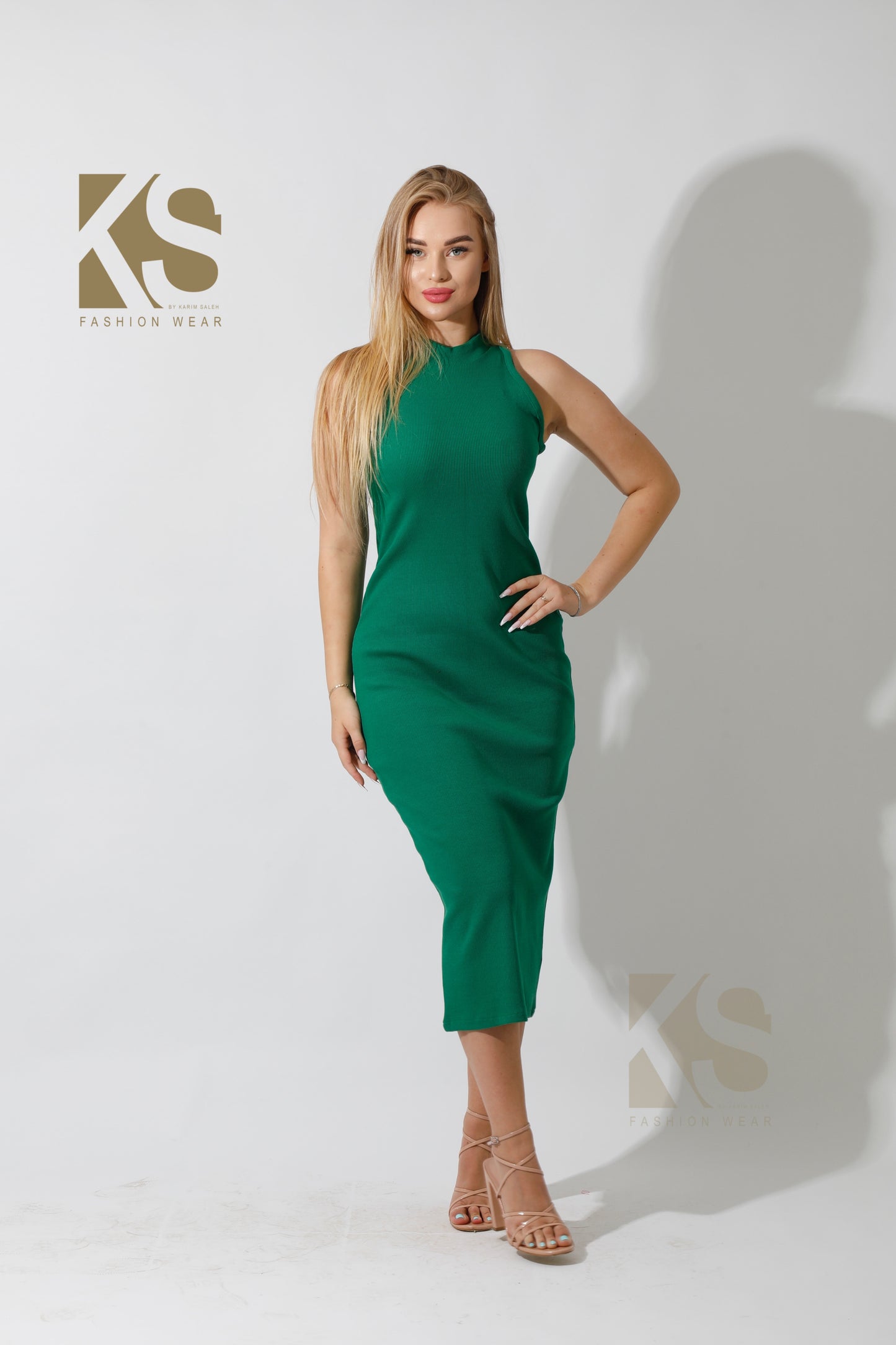 Slinky High Neck Midi Sleeveless Dress - Green
