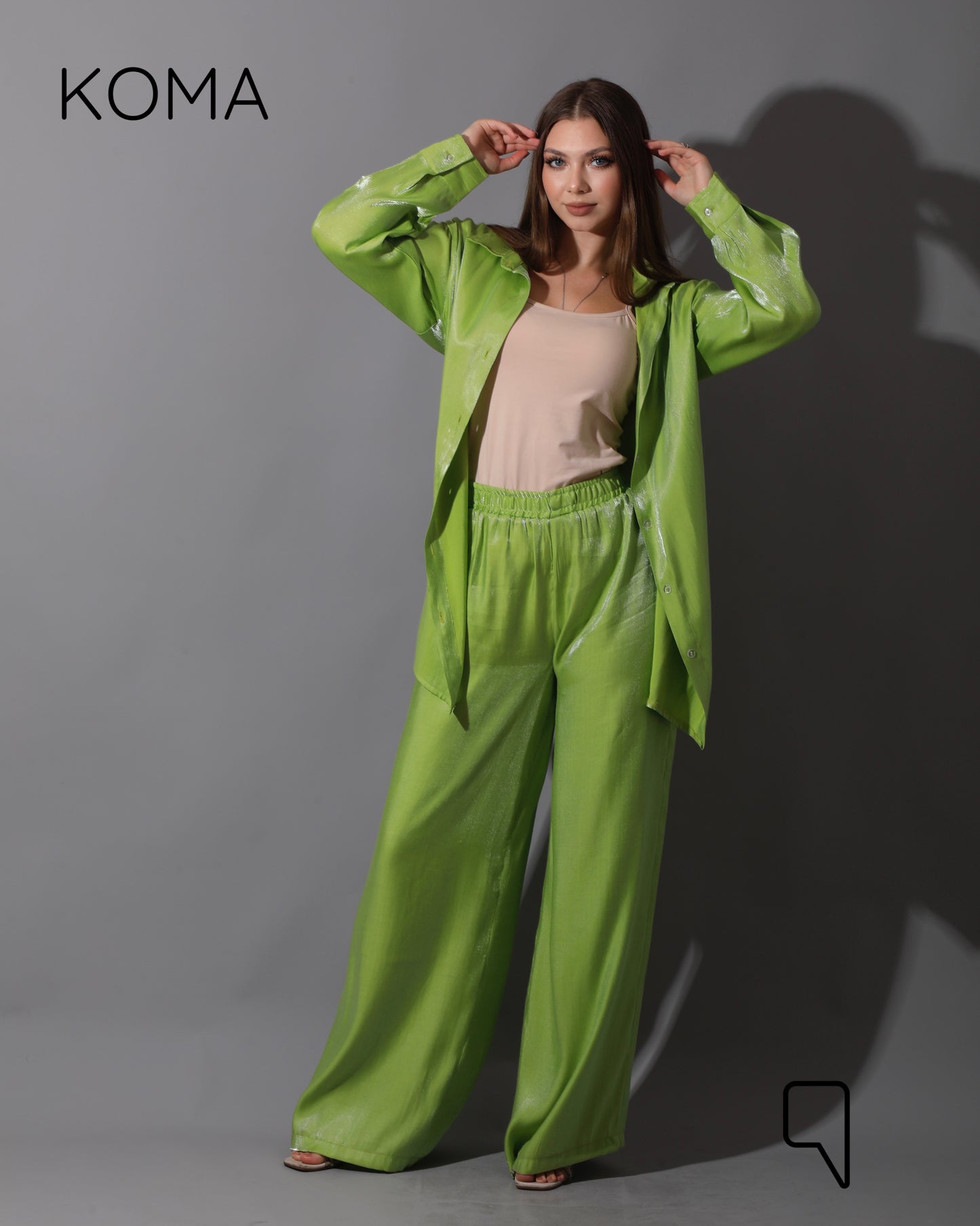 Shemer Long Shirt & Wide Leg Trousers Set - Lime Green