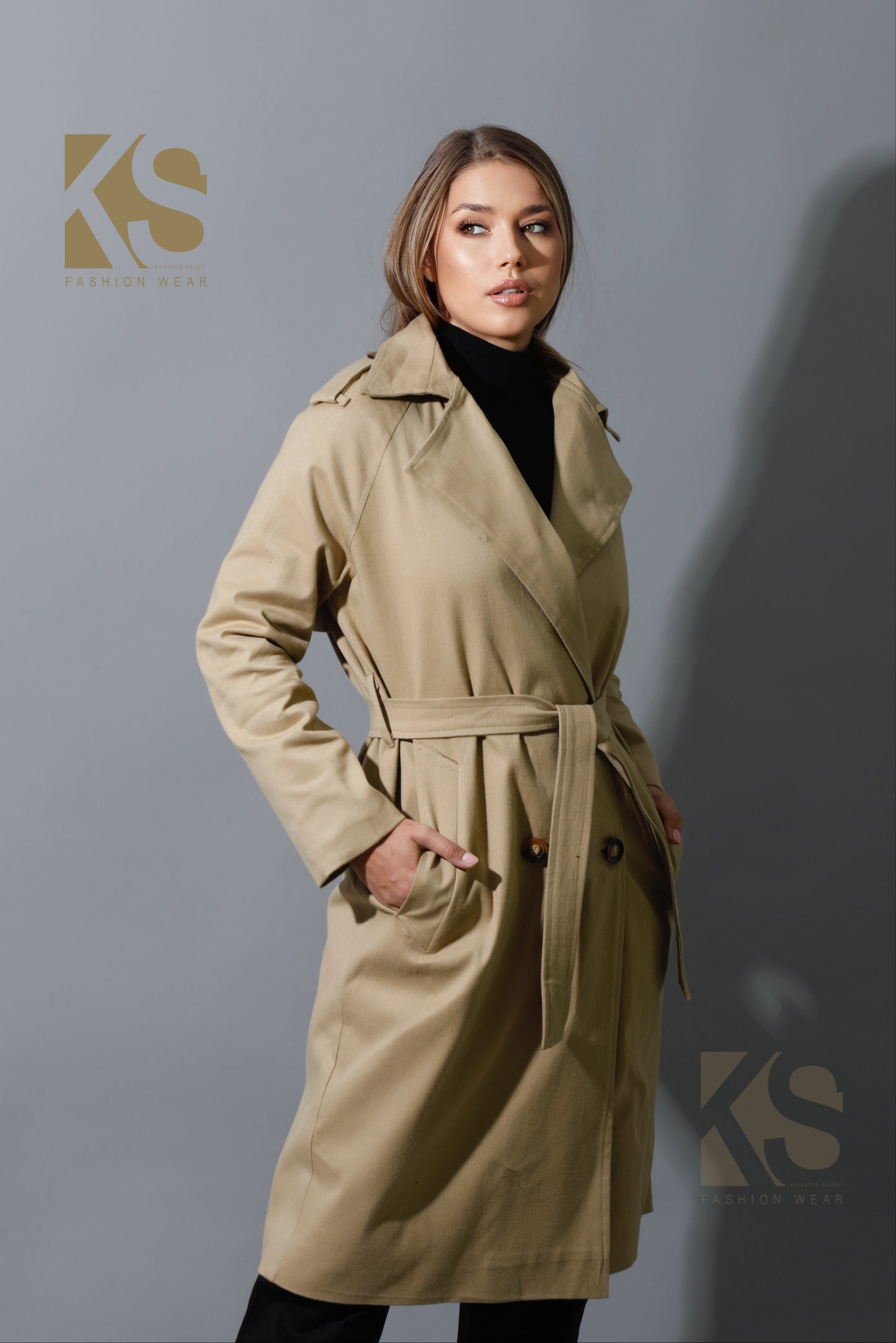Wrapped Belted Trench Coat - Beige