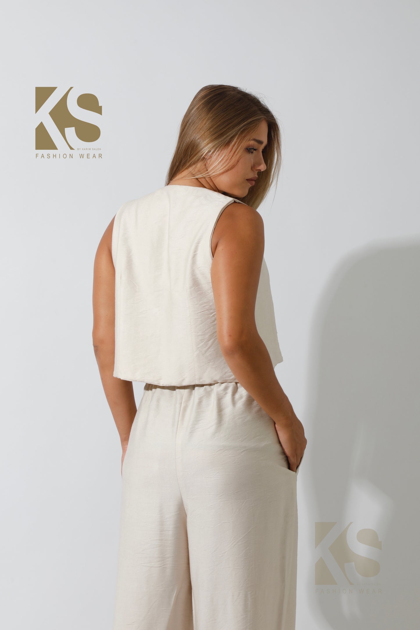 Vest & Lose Tied Pants Set - Beige