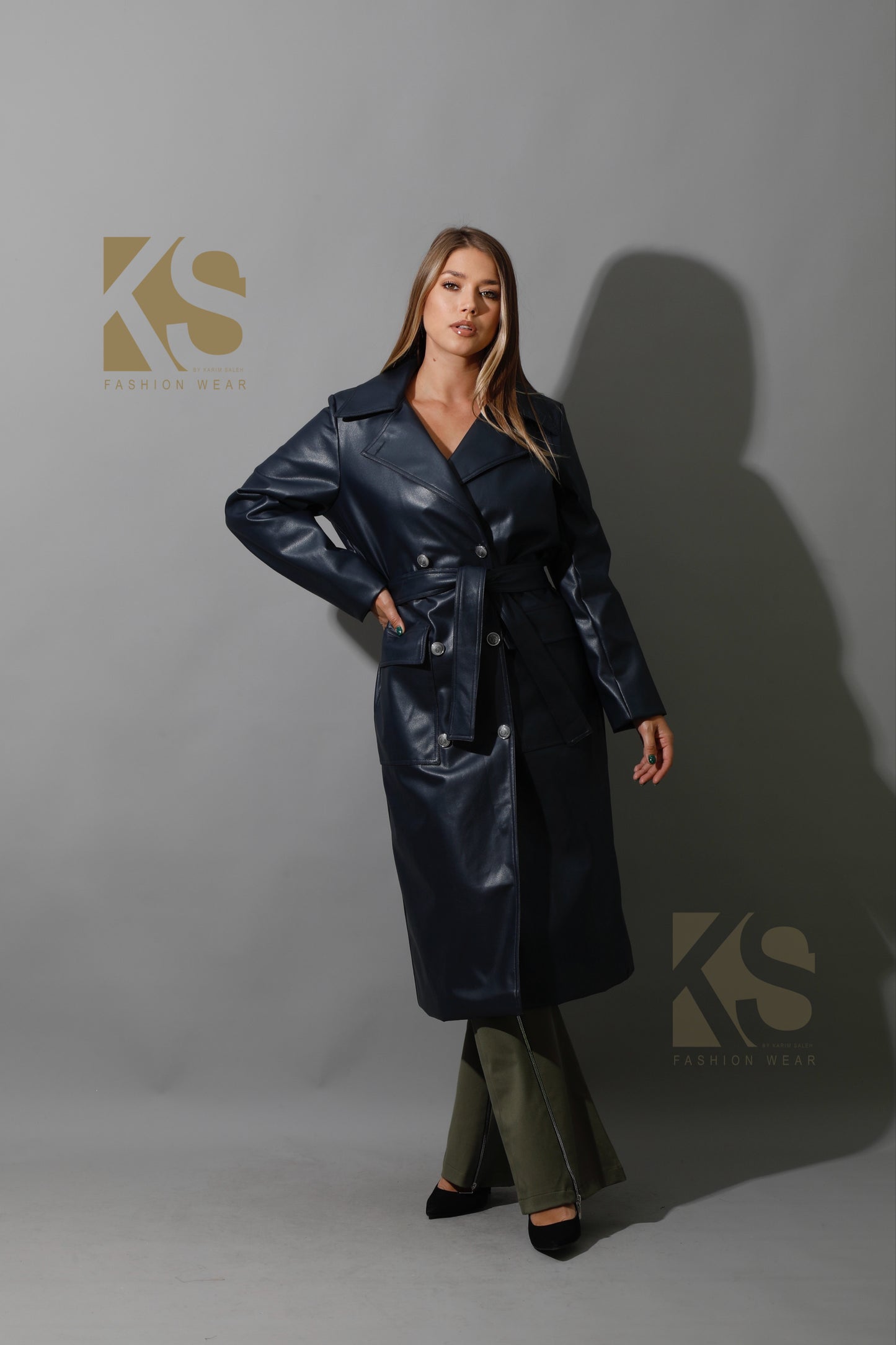 Textured Leather Coat - Navy