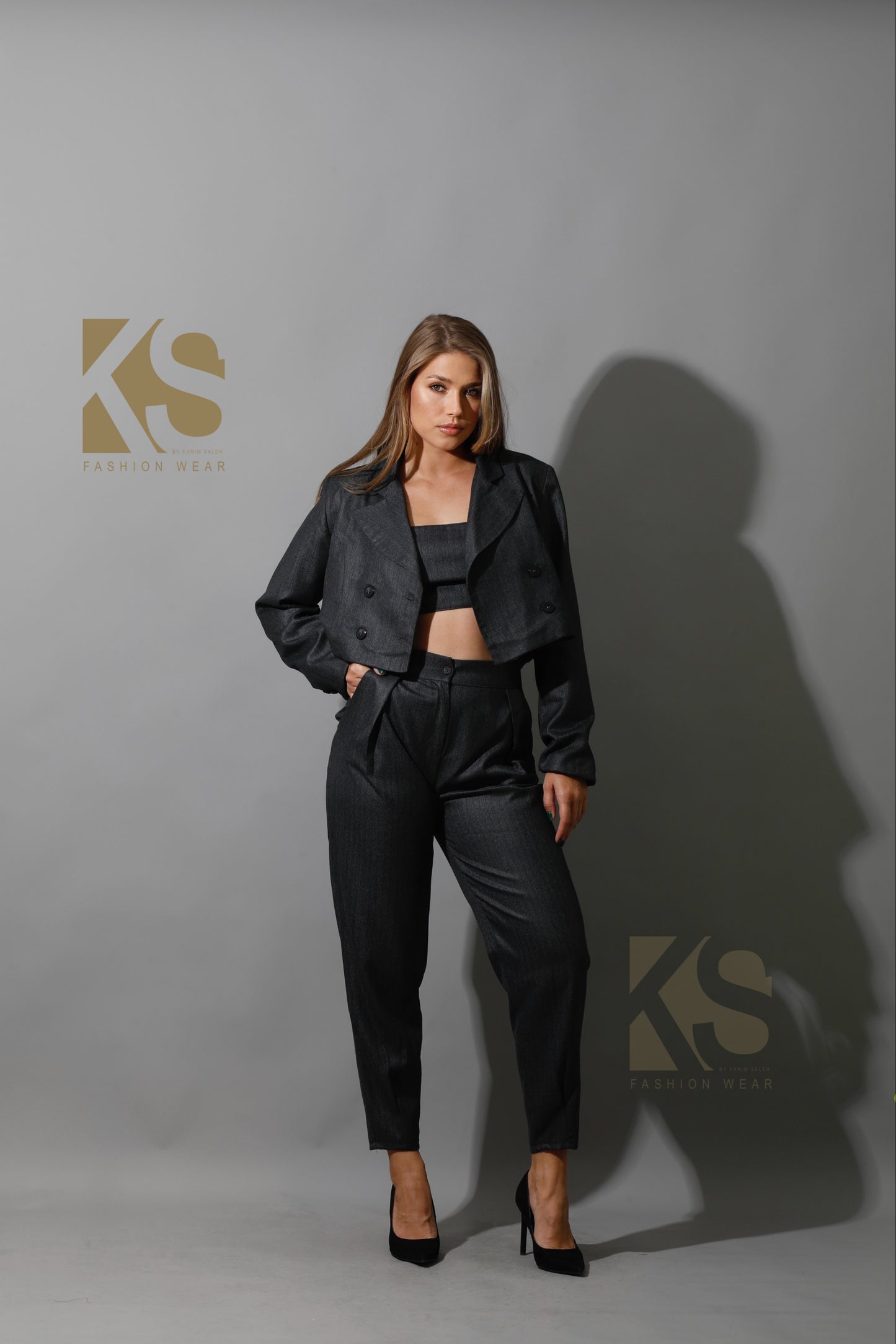 Striped Cropped Blazer, Bra Top & Paper-bag Pants Co-Ord - Gary