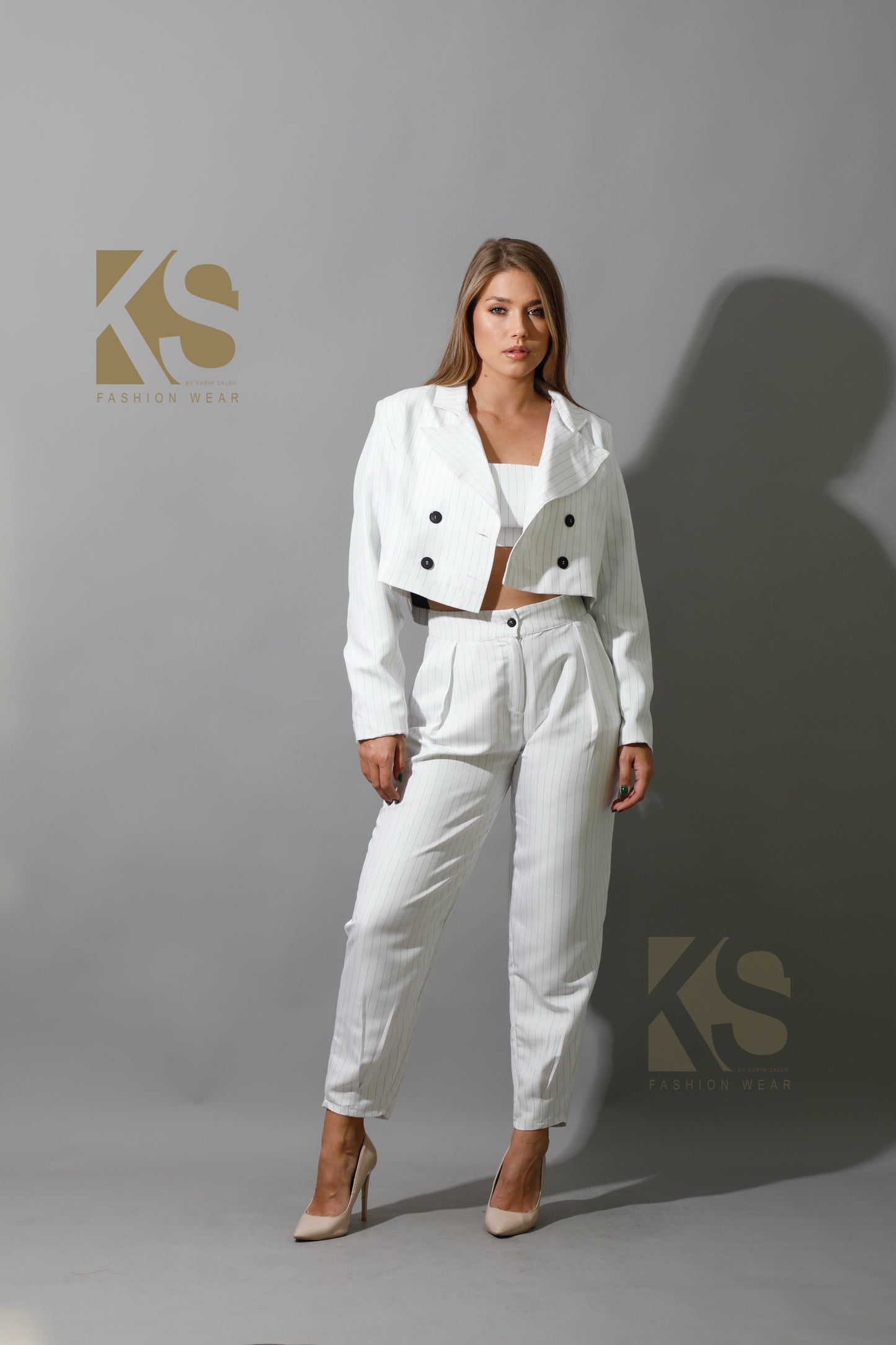 Striped Paper-bag Pants Co-Ord - White