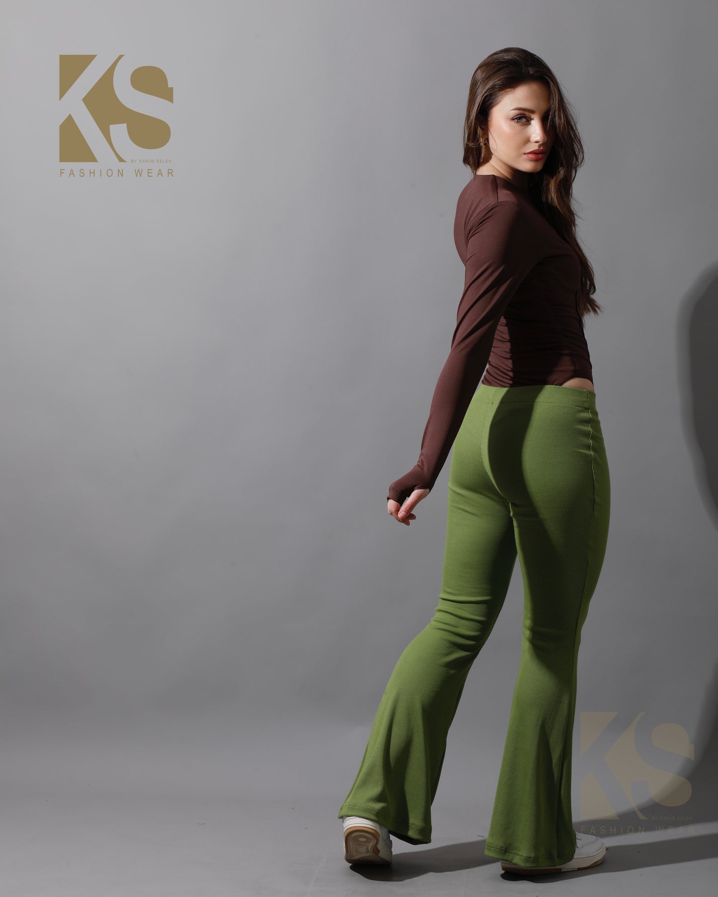 Slinky Flared Trousers - Kiwi Green
