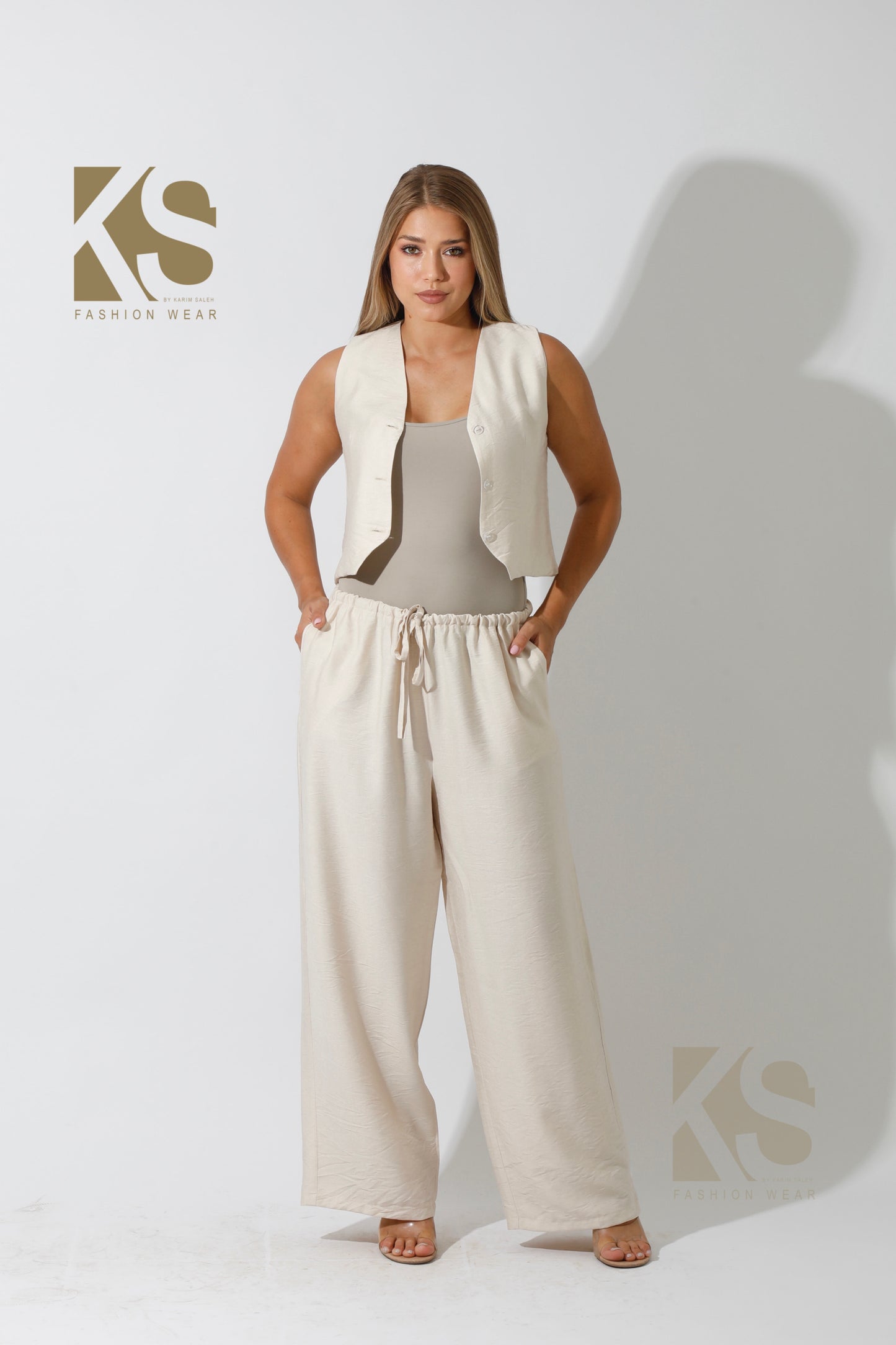 Vest & Lose Tied Pants Set - Beige