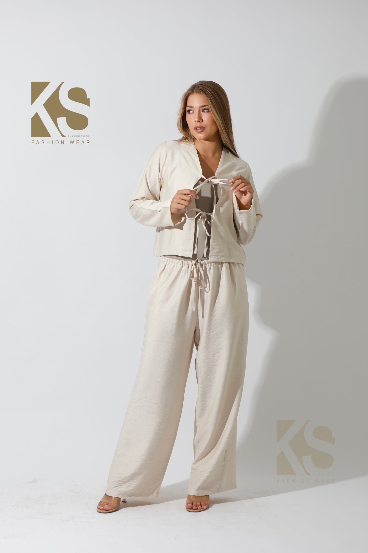 Lose Tied Pants Set - Beige