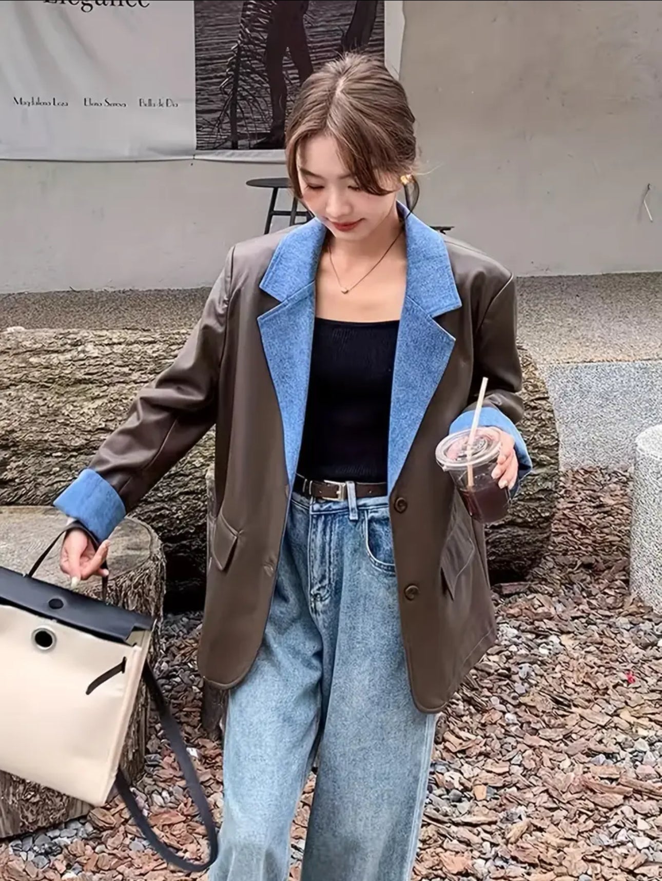 Patricia Leather Denim Patchwork Blazer - Brown