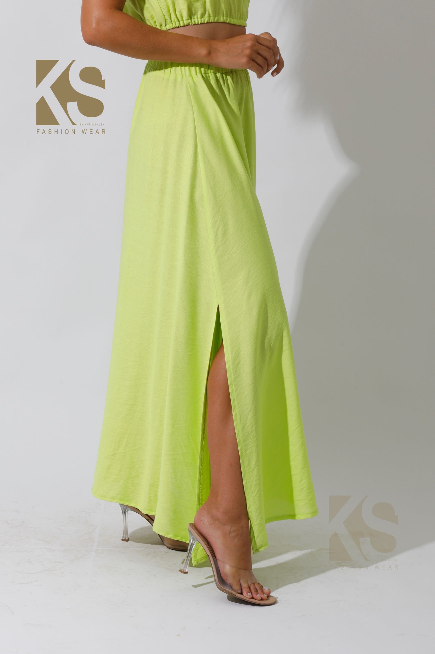 Co-Ord Crop Top & Maxi Side Slite Skirt - Lime Green