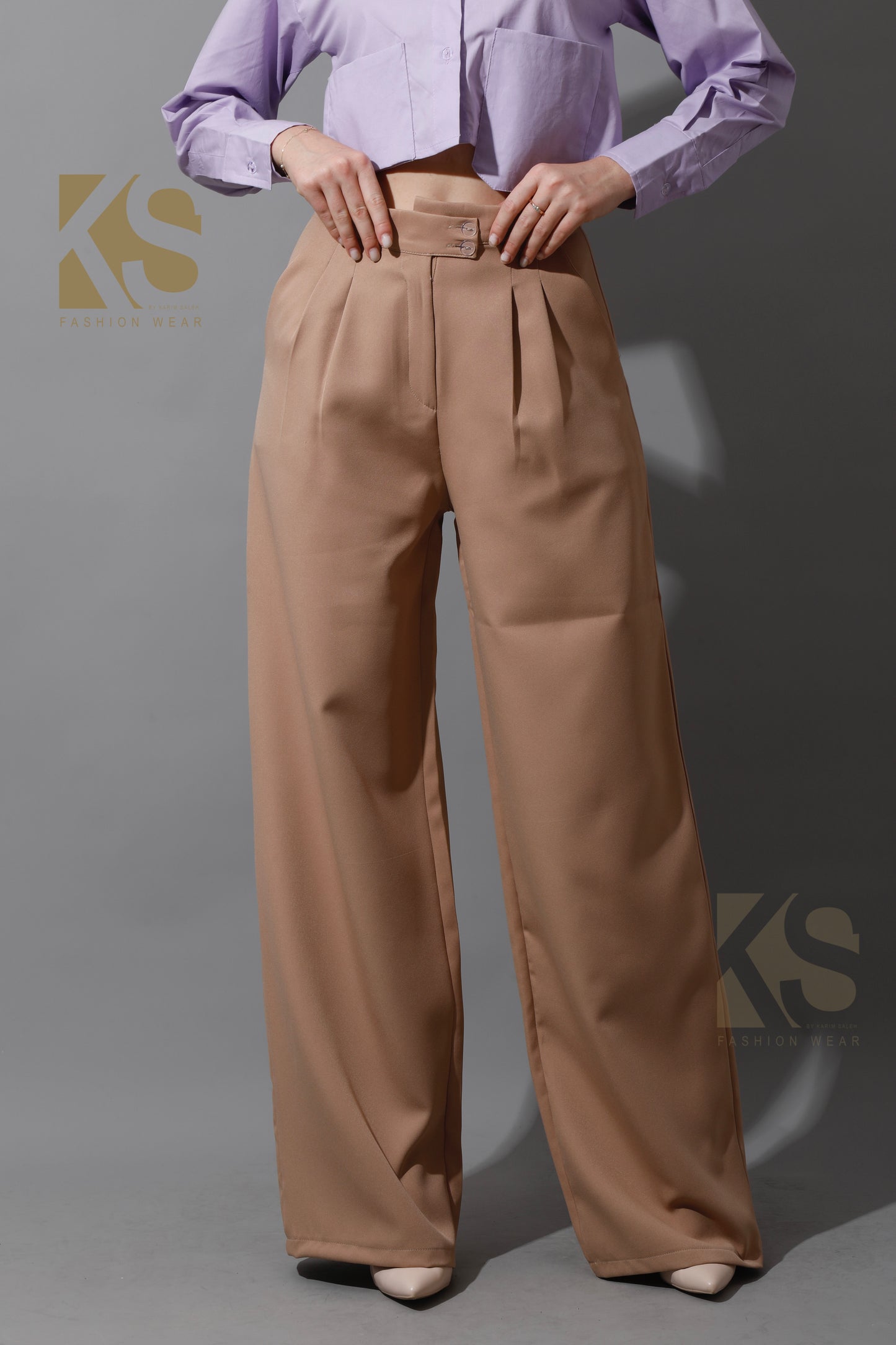High Waist Wide Leg Trousers - Beige