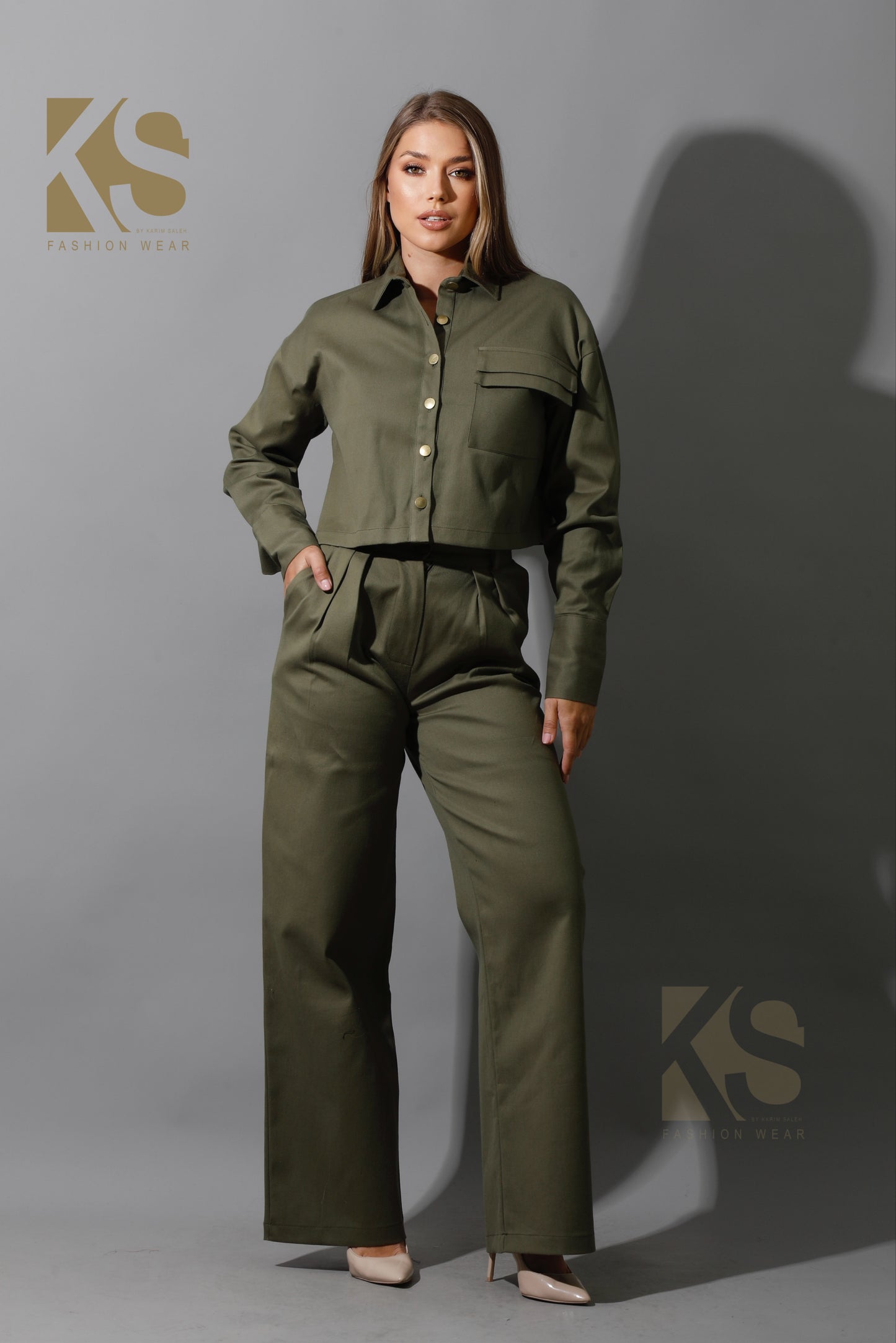 Co-ord Pleated Wide Leg Pants & Cropped Shirt - Olive