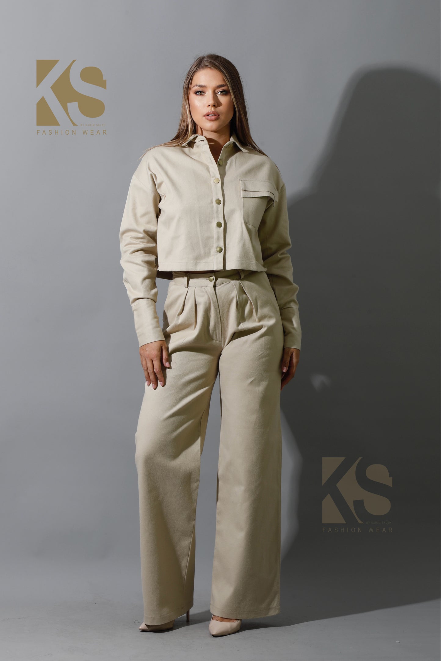 Co-ord Pleated Wide Leg Pants & Cropped Shirt - Beige