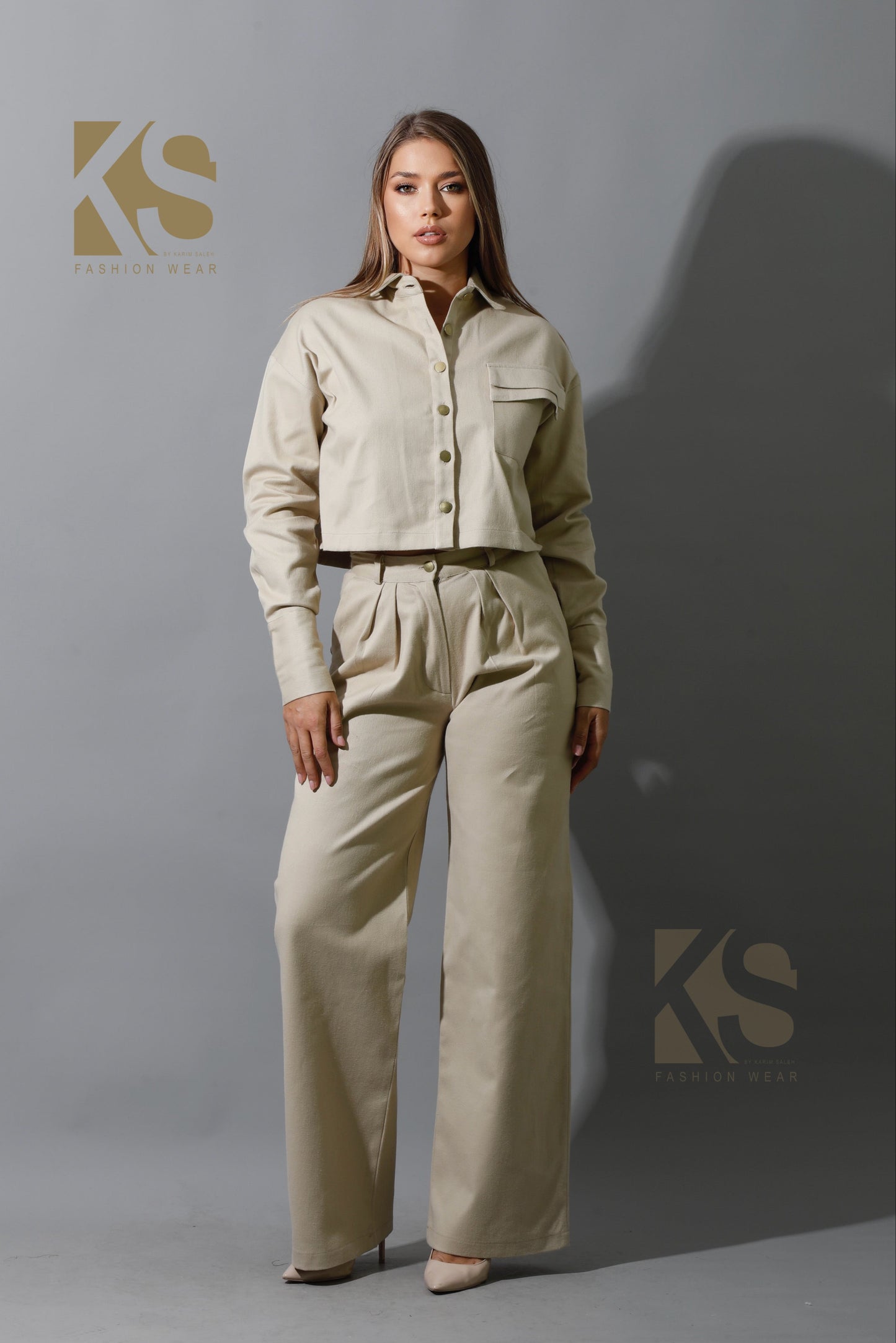 Co-ord Pleated Wide Leg Pants - Beige
