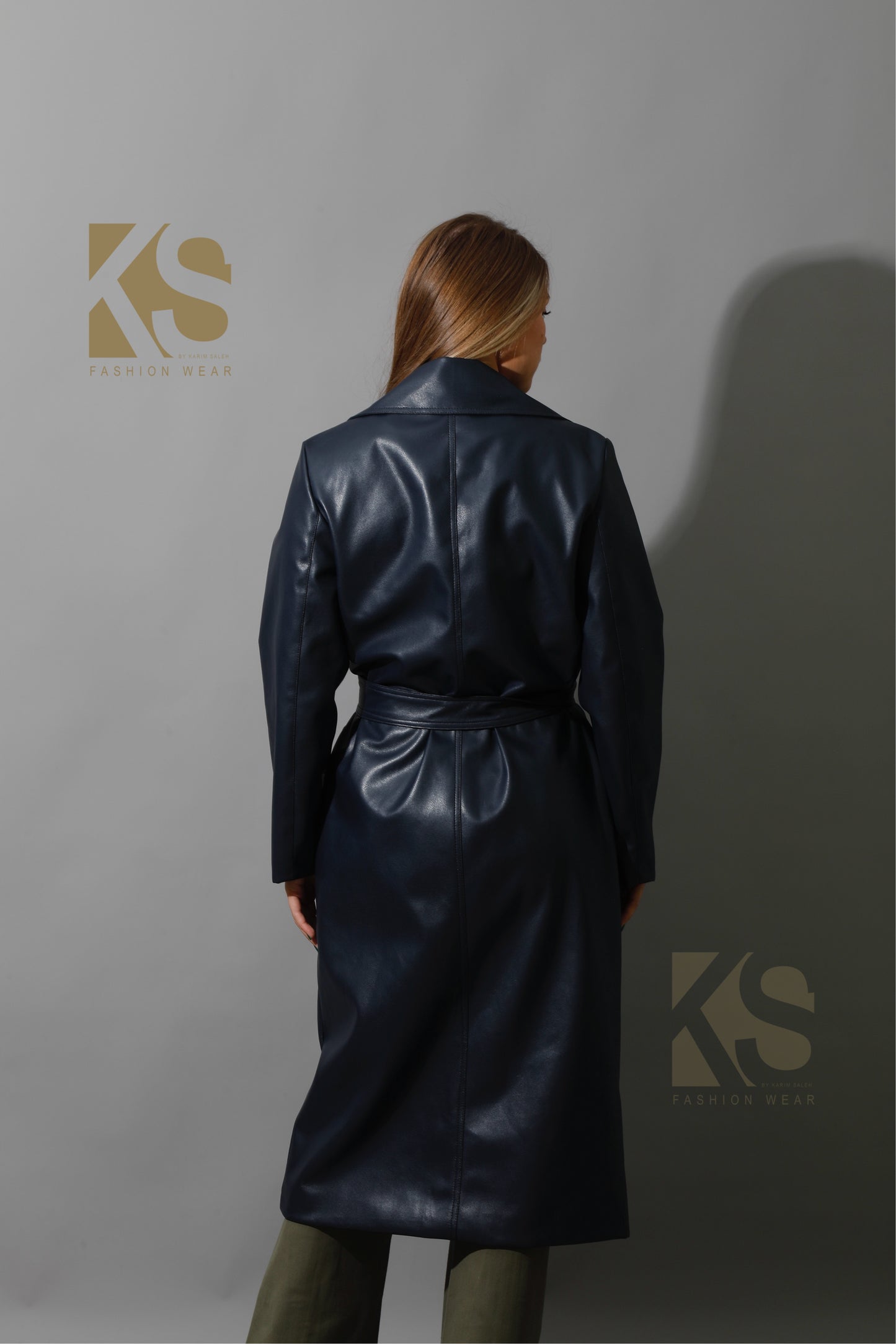 Textured Leather Coat - Navy