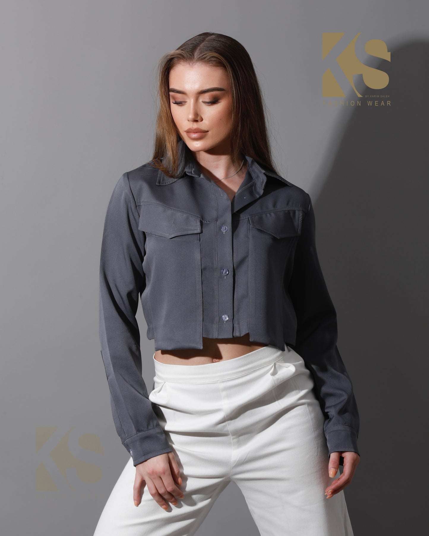 Pockets Cropped Shirt - Gray