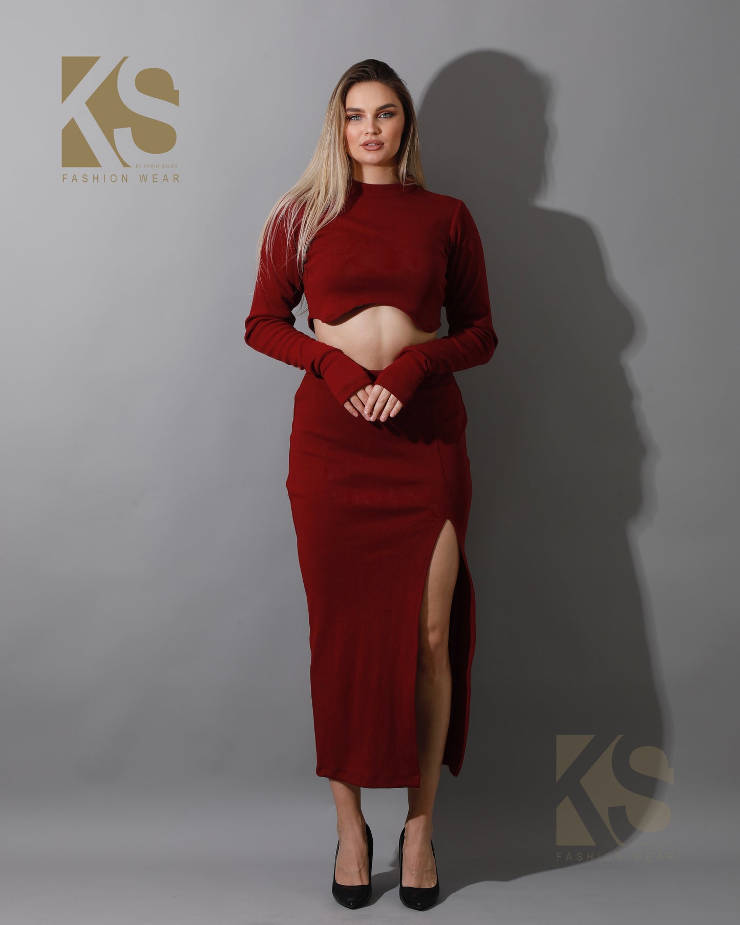 Co-ord Crop Top & Midi Skirt Rib Set - Maroon