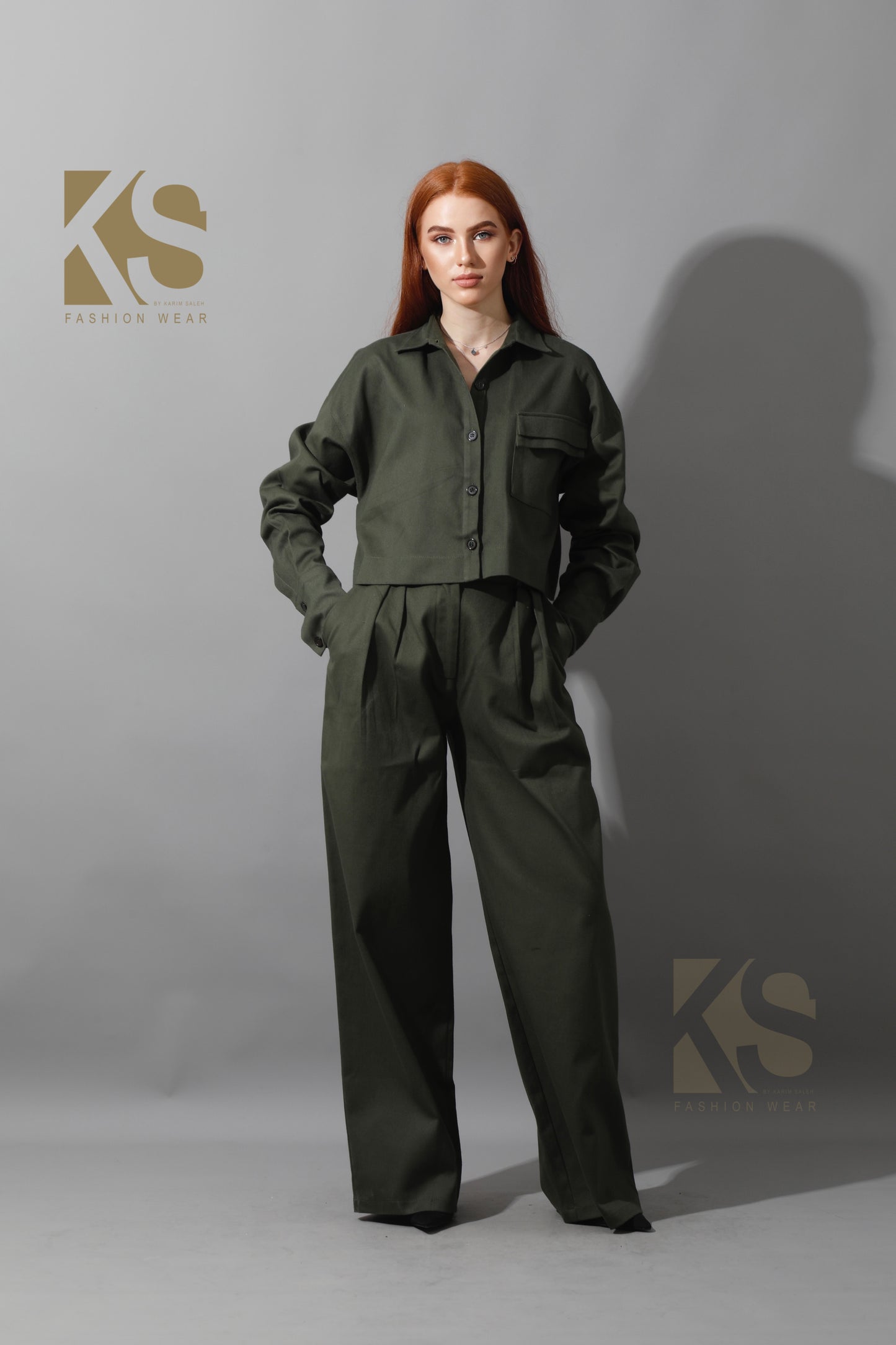 Pleated Wide Leg Trousers - Olive