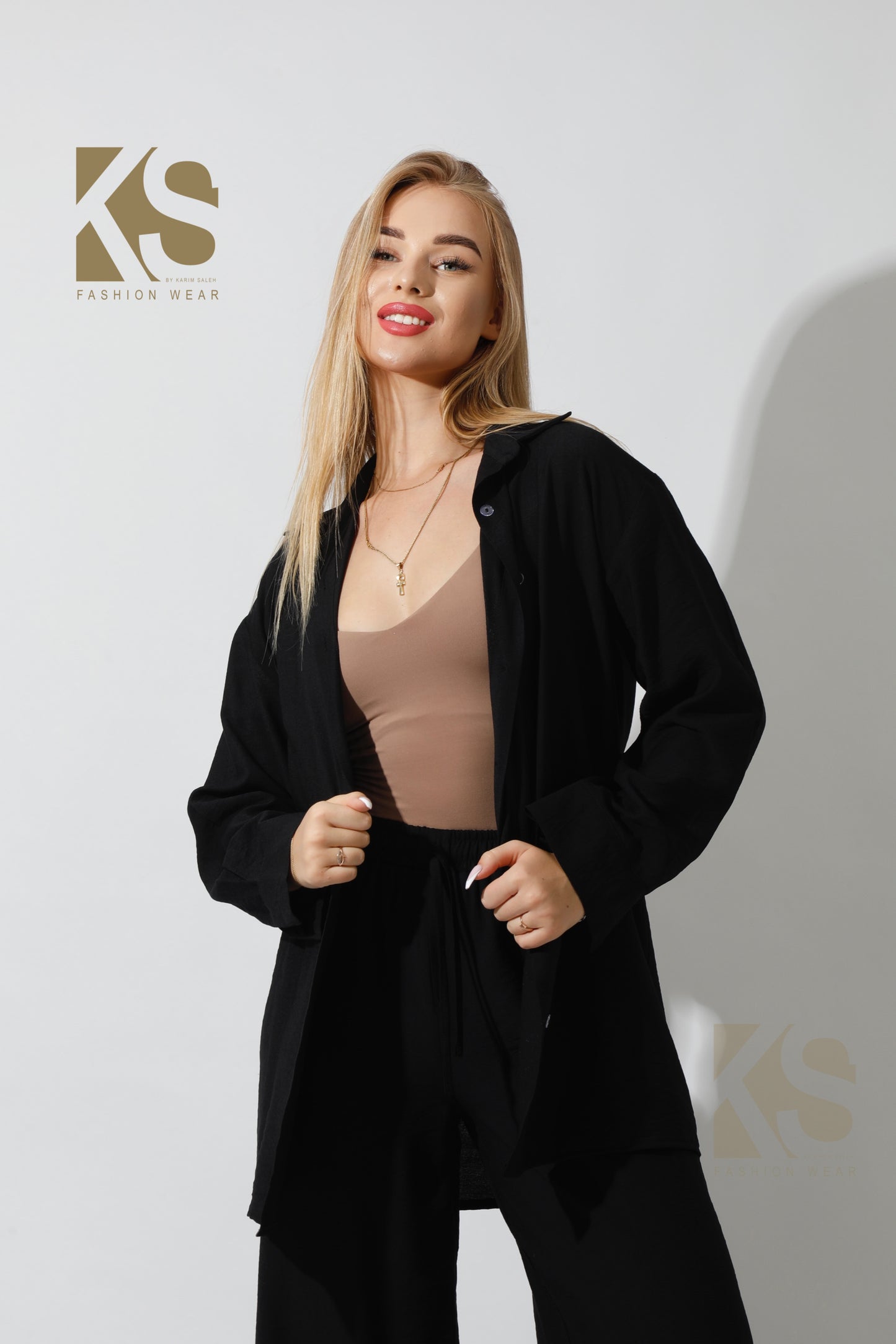 Long Shirt & Wide Leg Trousers Set - Black