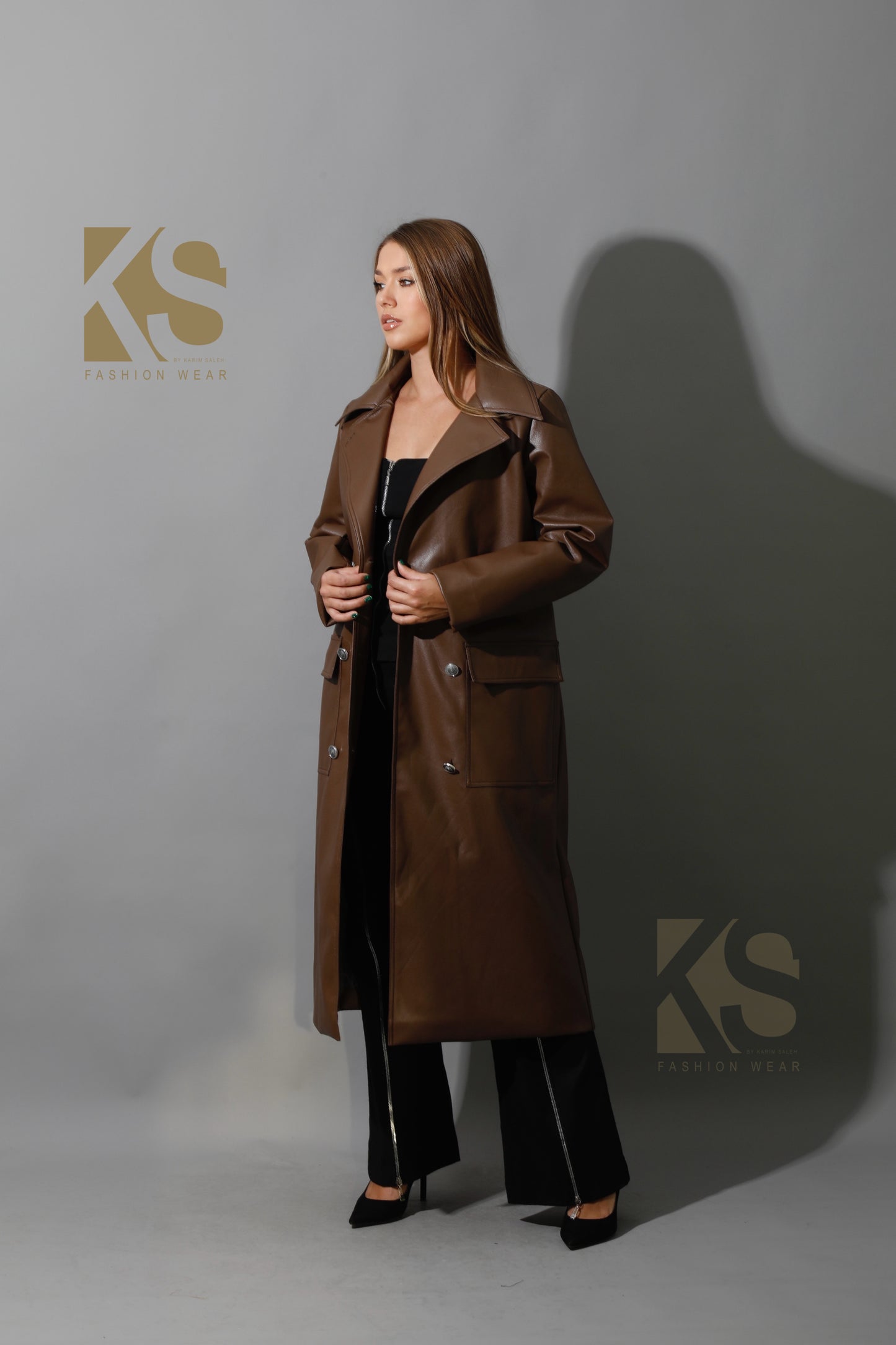 Textured Leather Coat - Brown