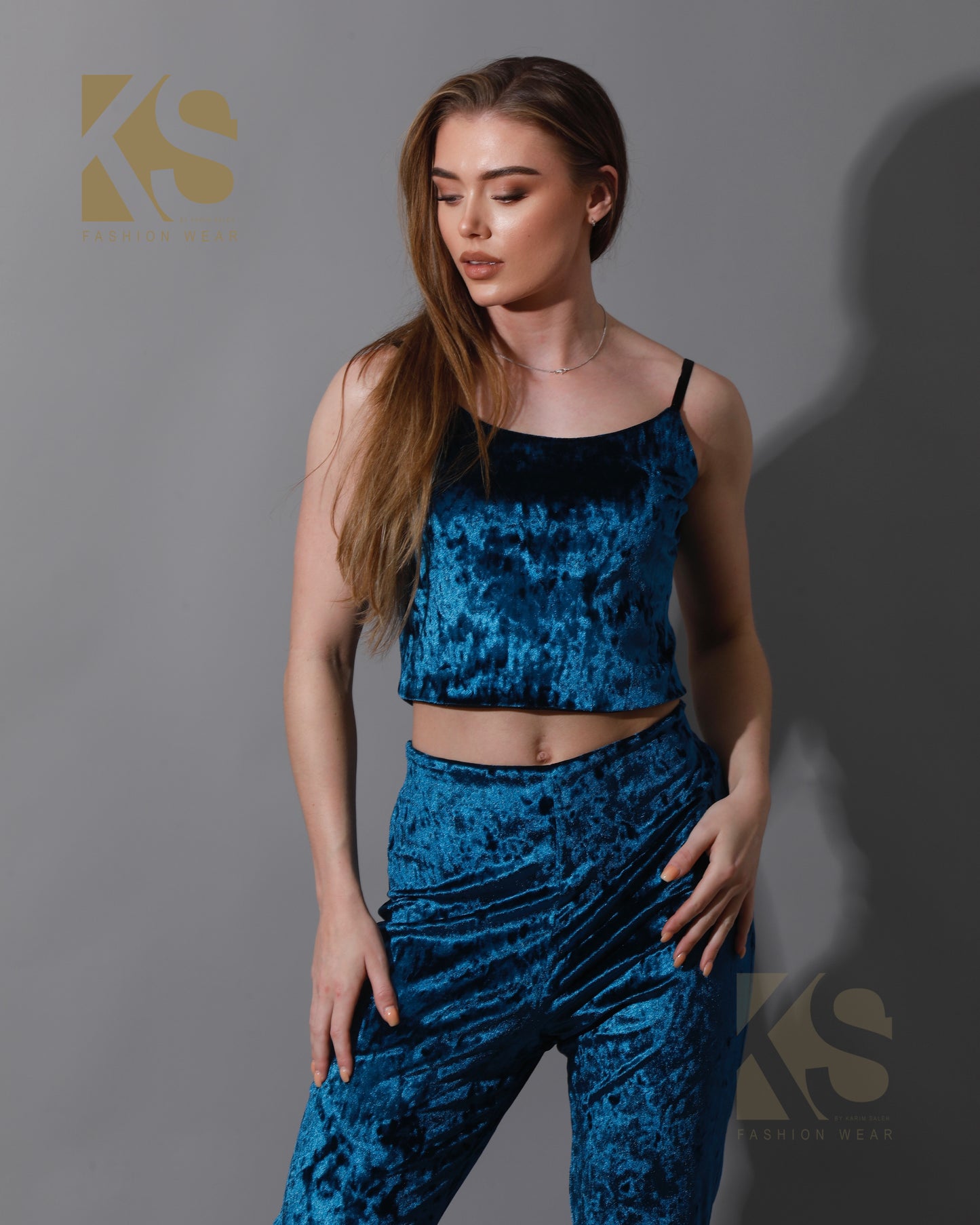 Velvet Crop Top & Bootcut Trousers Set - Petrol