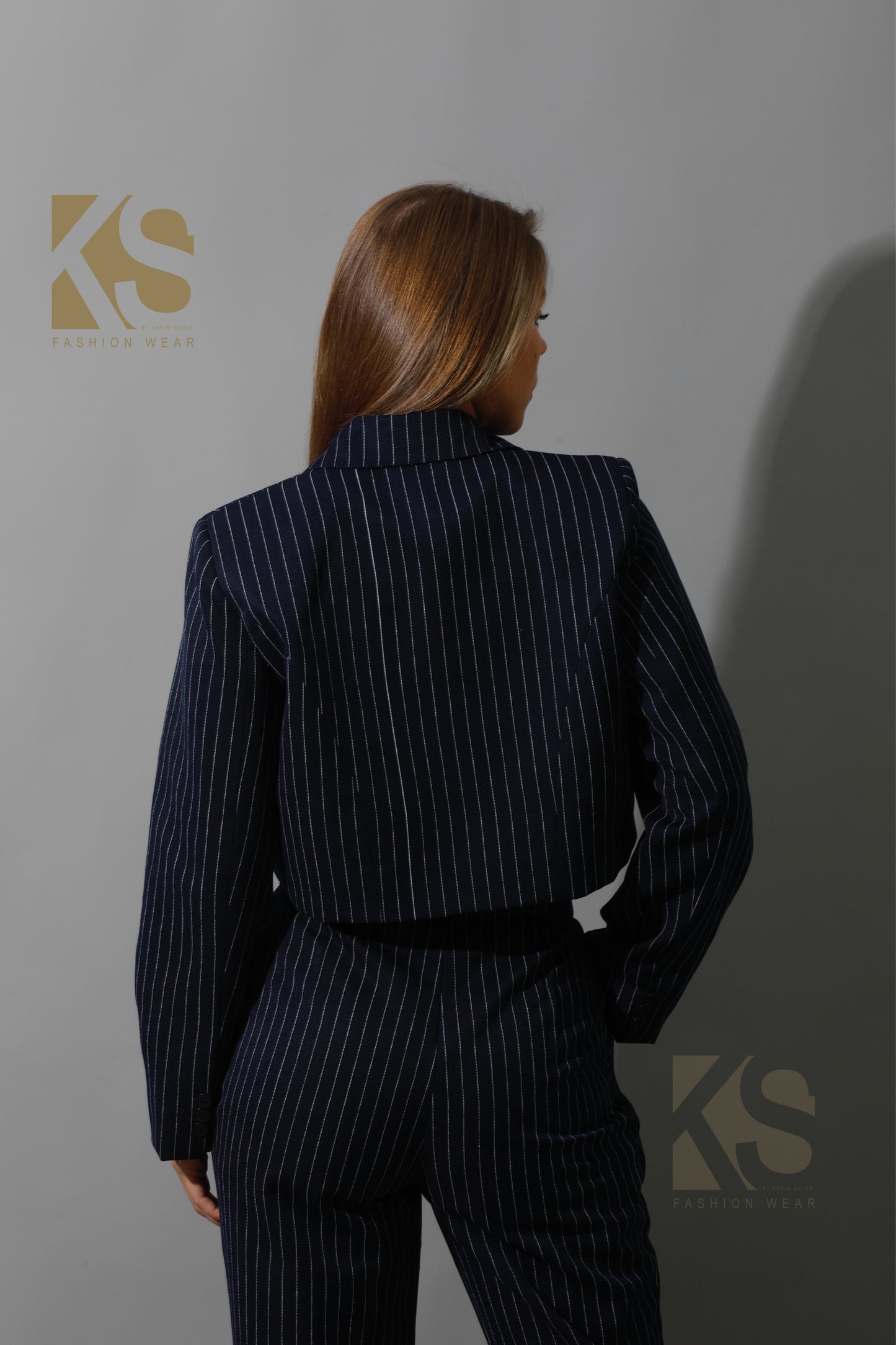 Striped Cropped Blazer, Bra Top & Paper-bag Pants Co-Ord - Navy