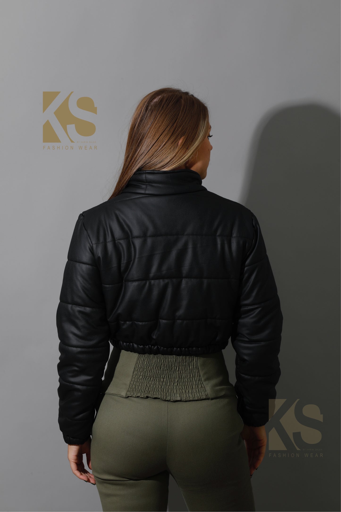 Leather Puffer Cropped Jacket - Black