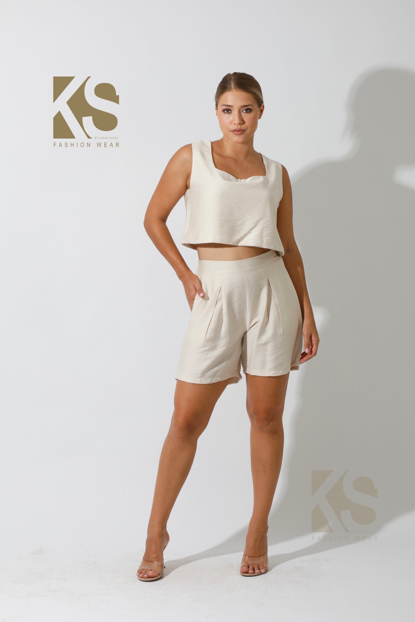 Tank Top & Flared Shorts Set - Beige