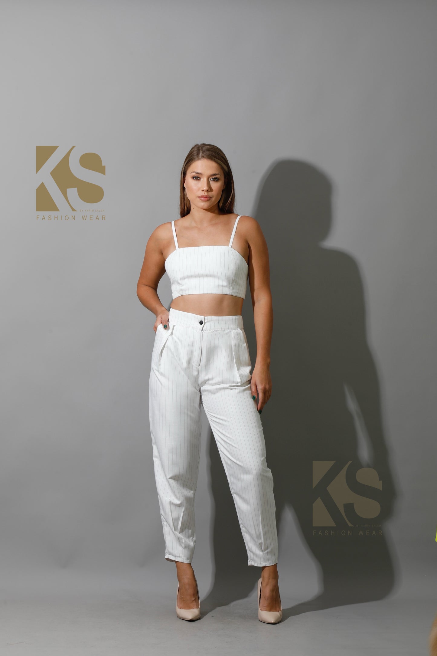 Striped Paper-bag Pants Co-Ord - White