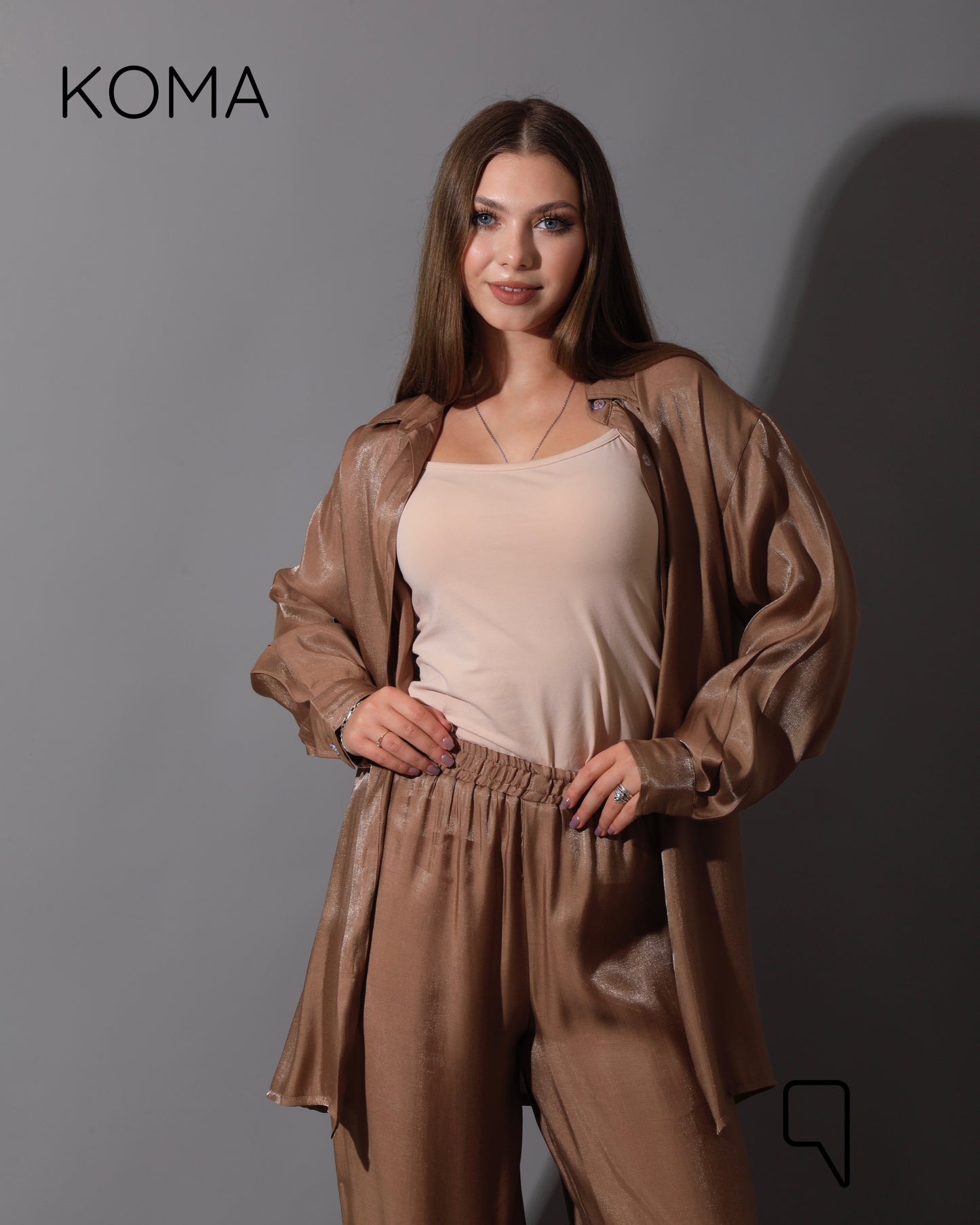 Shemer Long Shirt & Wide Leg Trousers Set - Camel