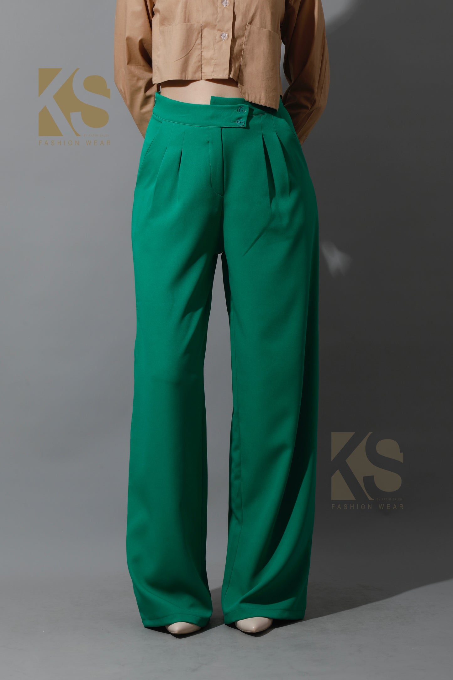 High Waist Wide Leg Trousers - Green