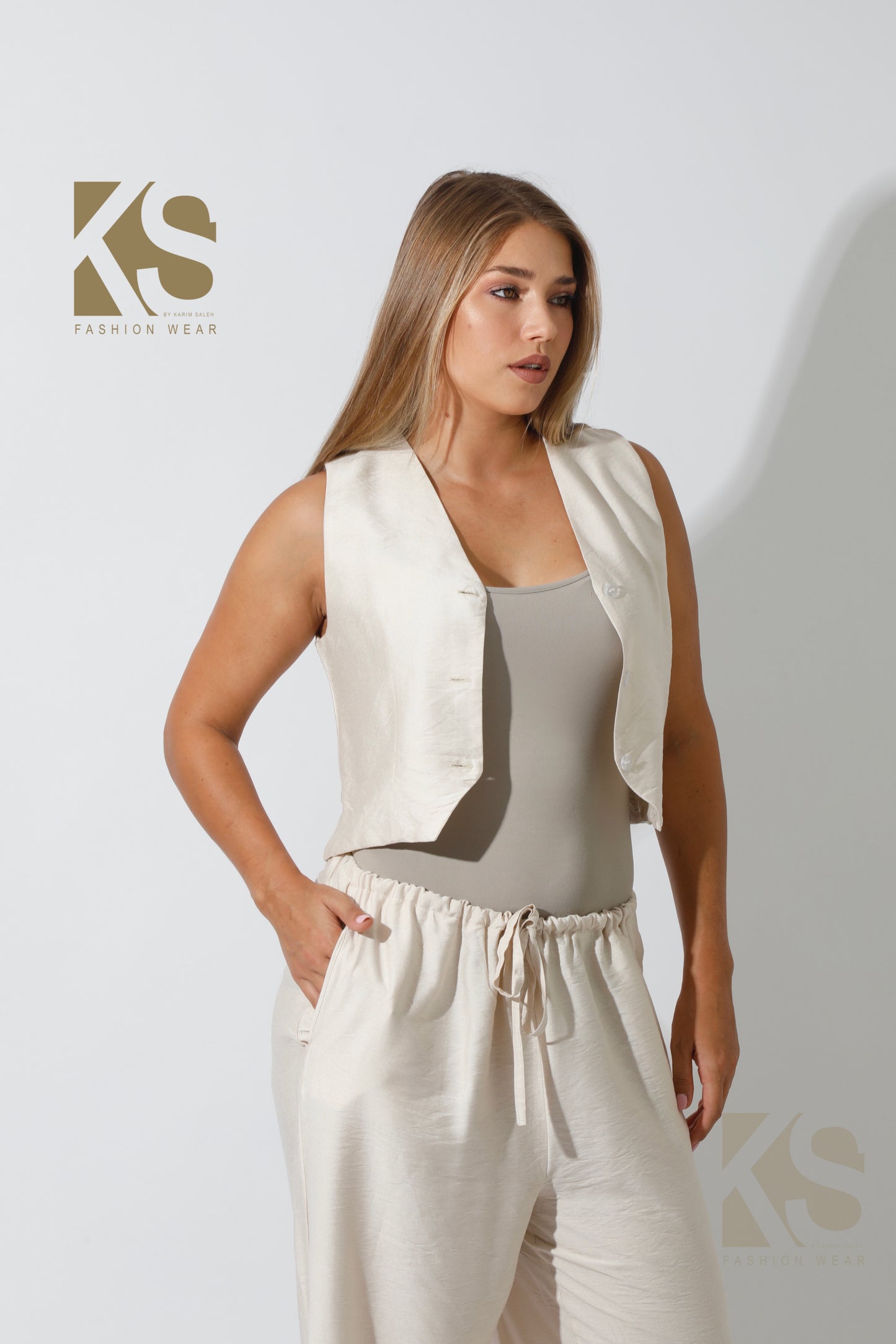 Vest & Lose Tied Pants Set - Beige
