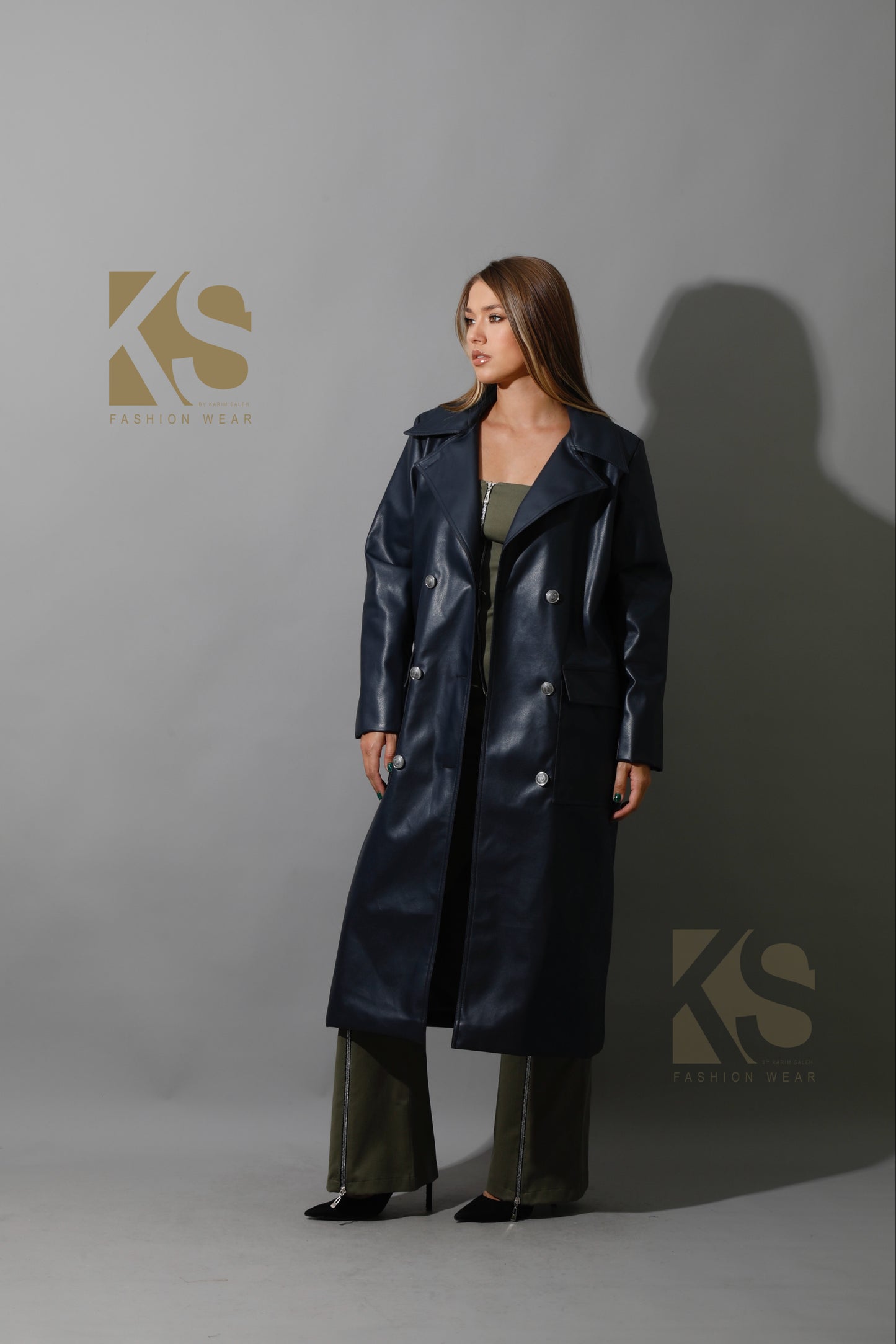Textured Leather Coat - Navy
