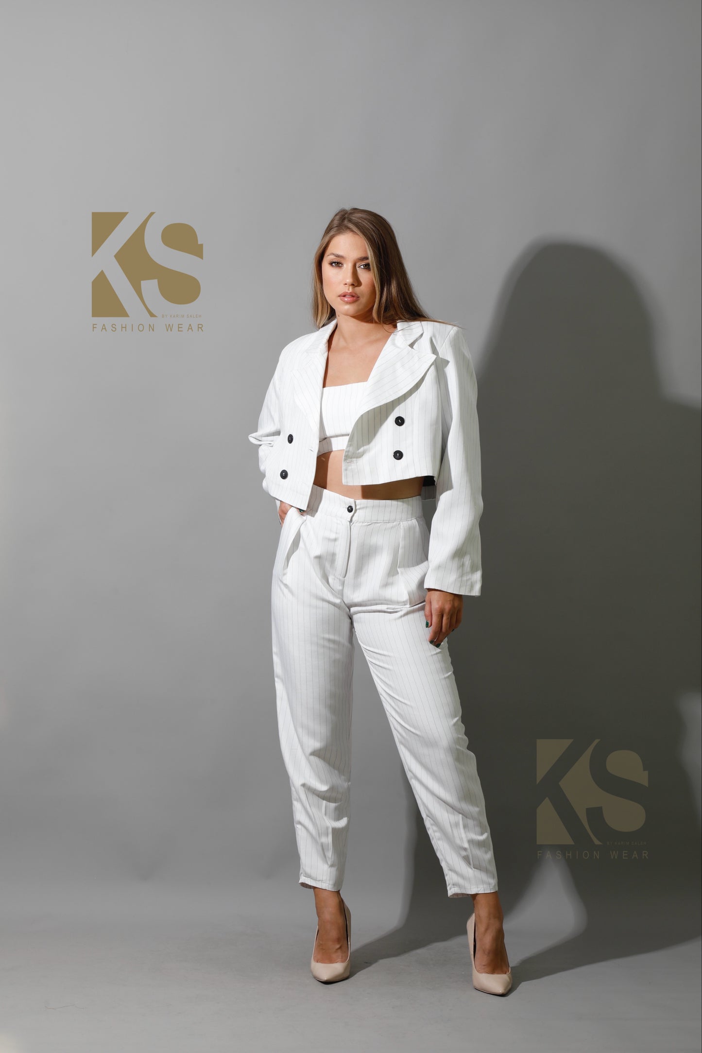 Striped Paper-bag Pants Co-Ord - White