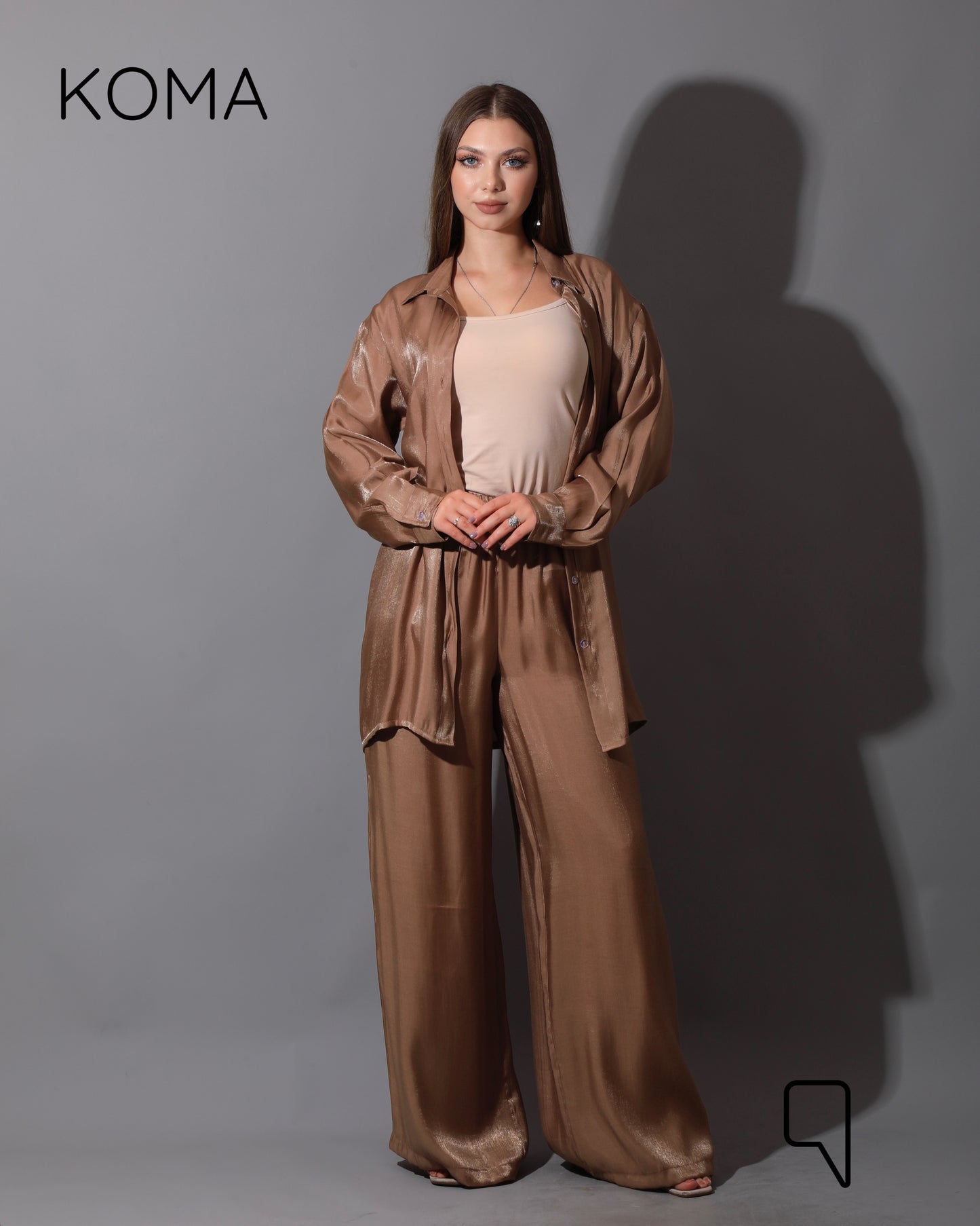 Shemer Long Shirt & Wide Leg Trousers Set - Camel