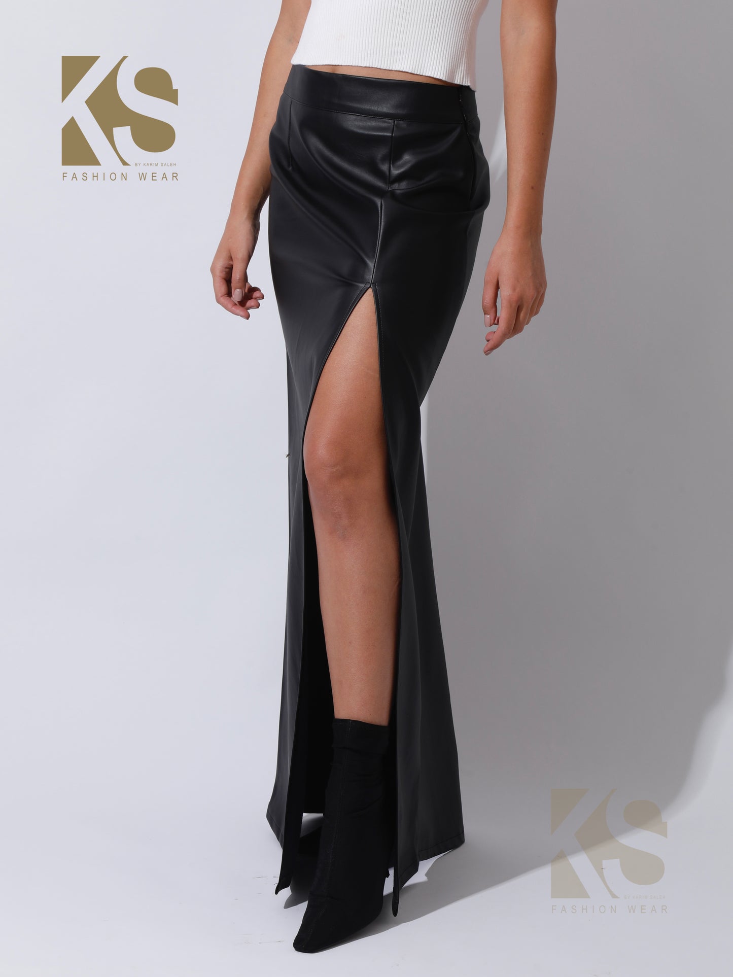 Leather Front Slit Skirt - Black