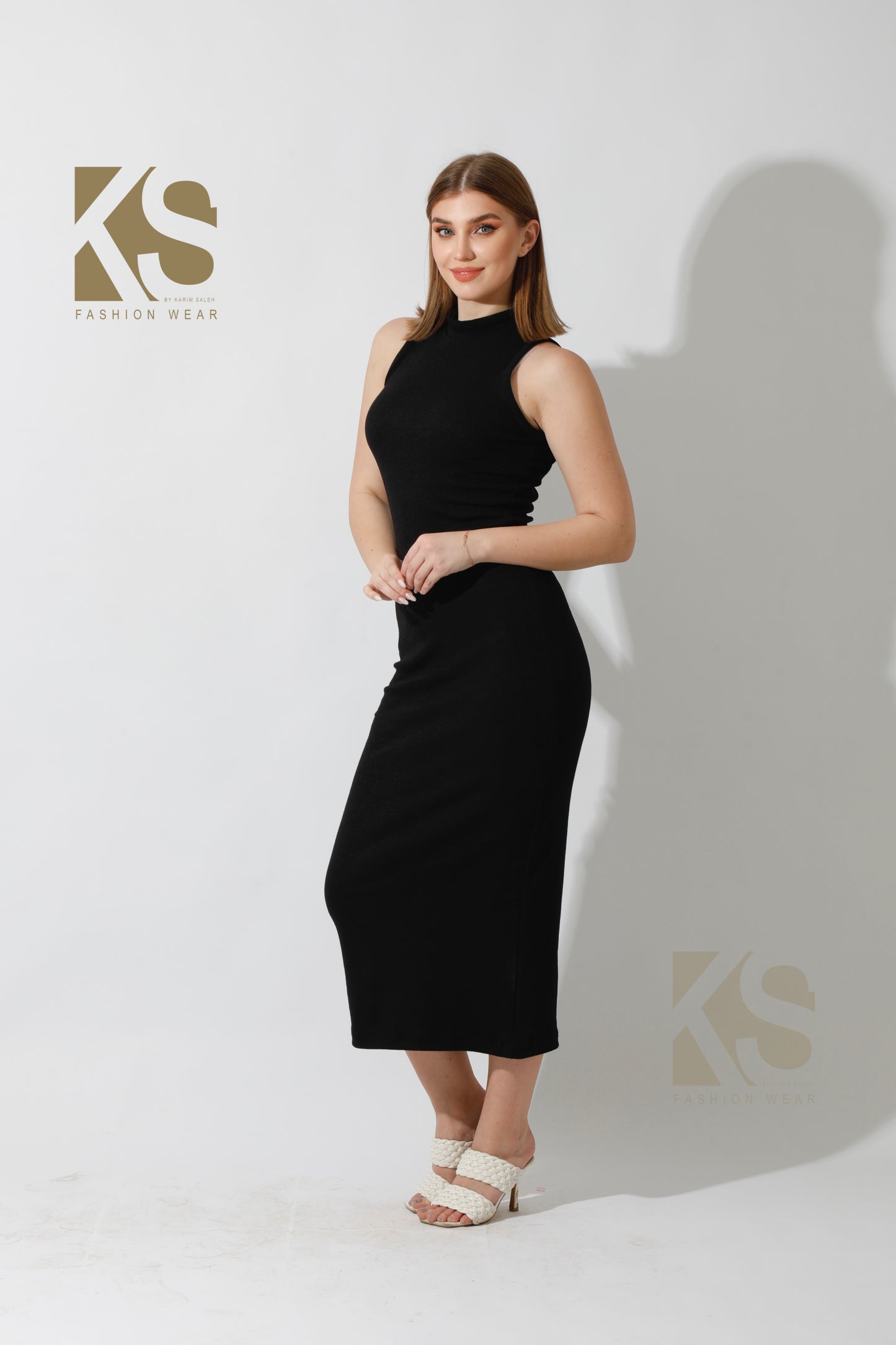 Slinky High Neck Midi Sleeveless Dress - Black