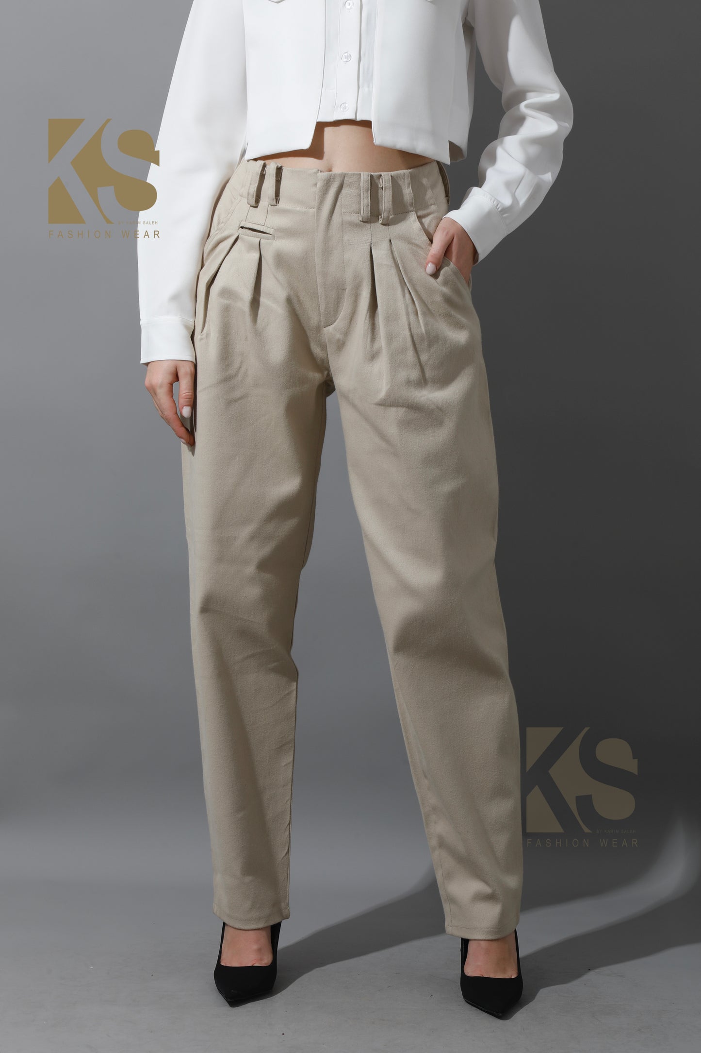 High Rise Paper-Bag Pants - Light Beige