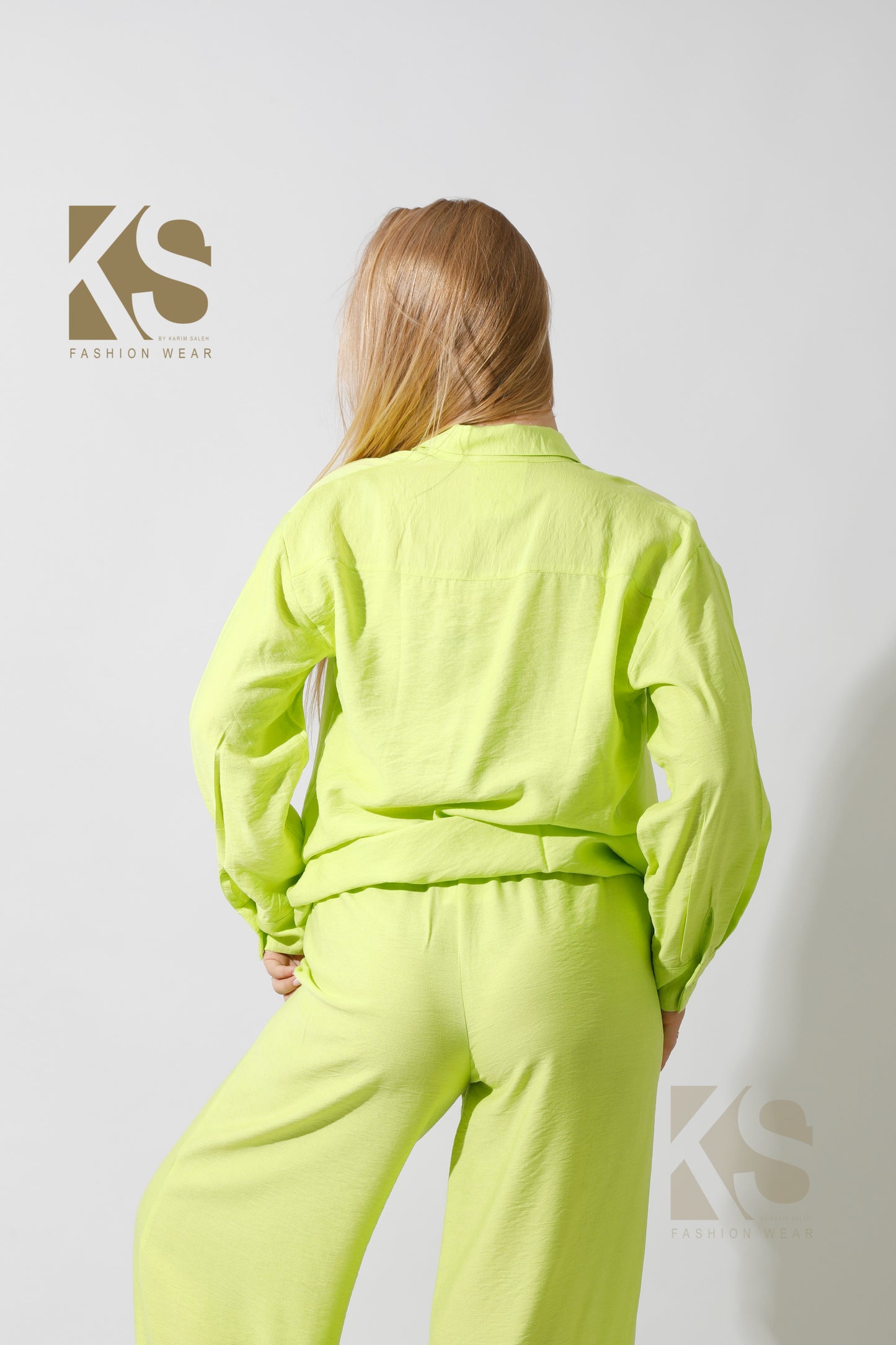 Co-Ord Long Shirt & Wide Leg Trousers - Lime Green