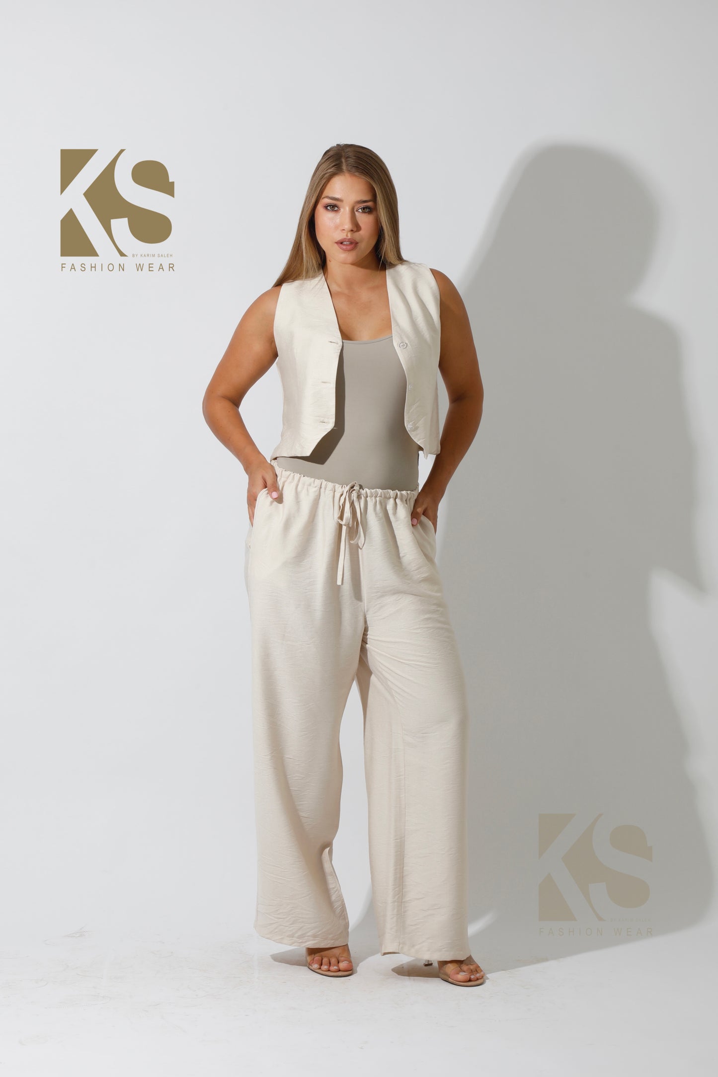 Vest & Lose Tied Pants Set - Beige