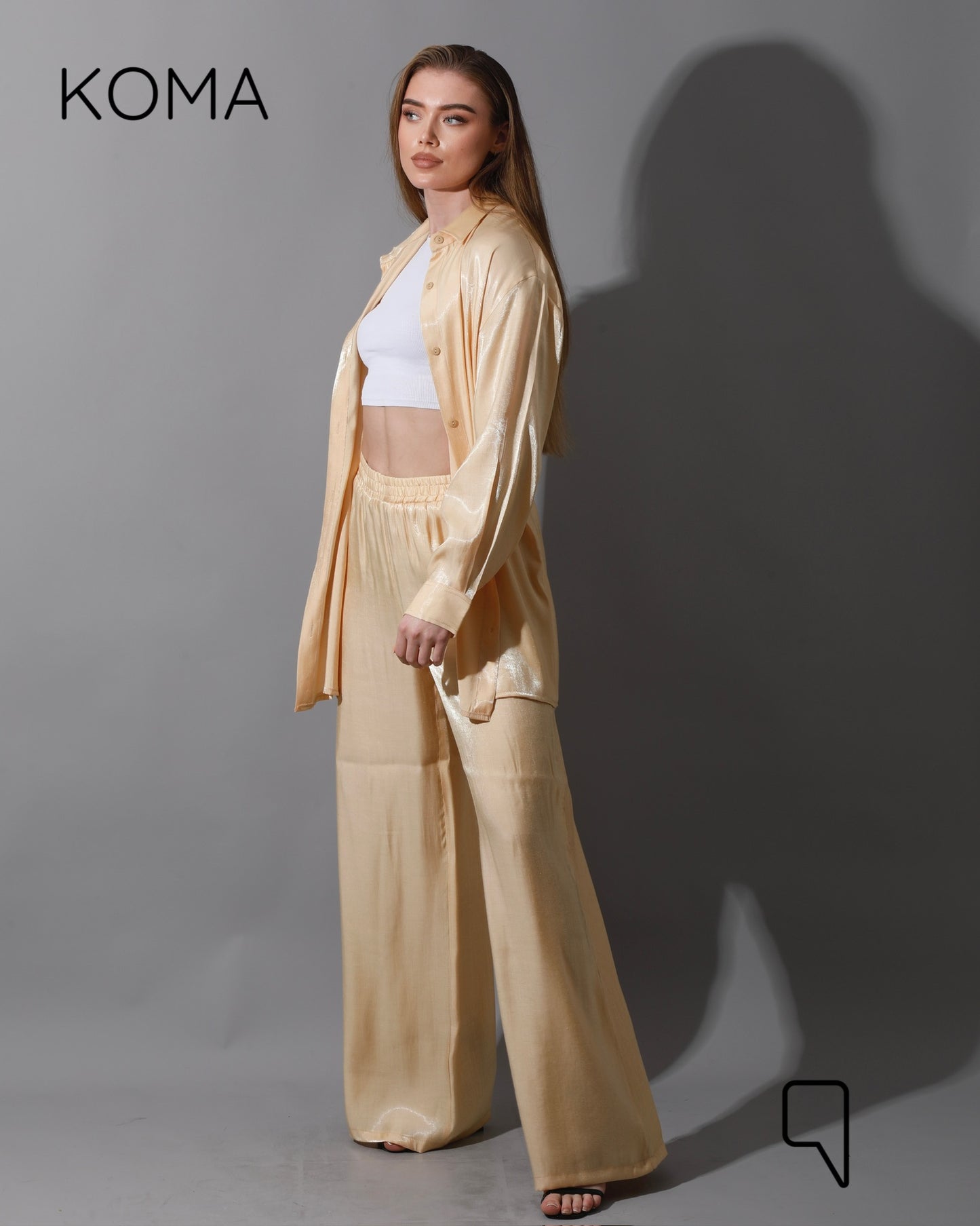 Shemer Long Shirt & Wide Leg Trousers Set - Beige