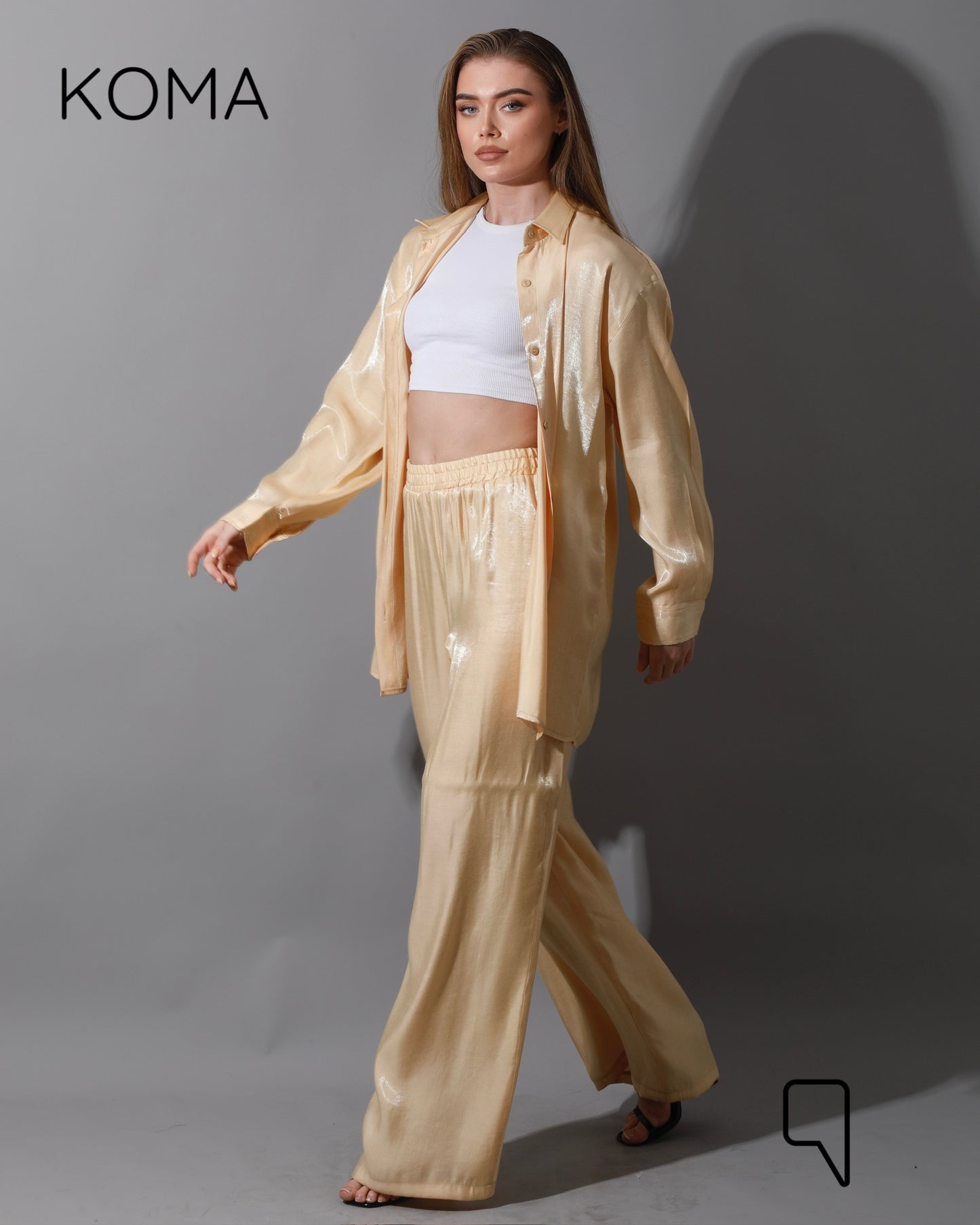 Shemer Long Shirt & Wide Leg Trousers Set - Beige