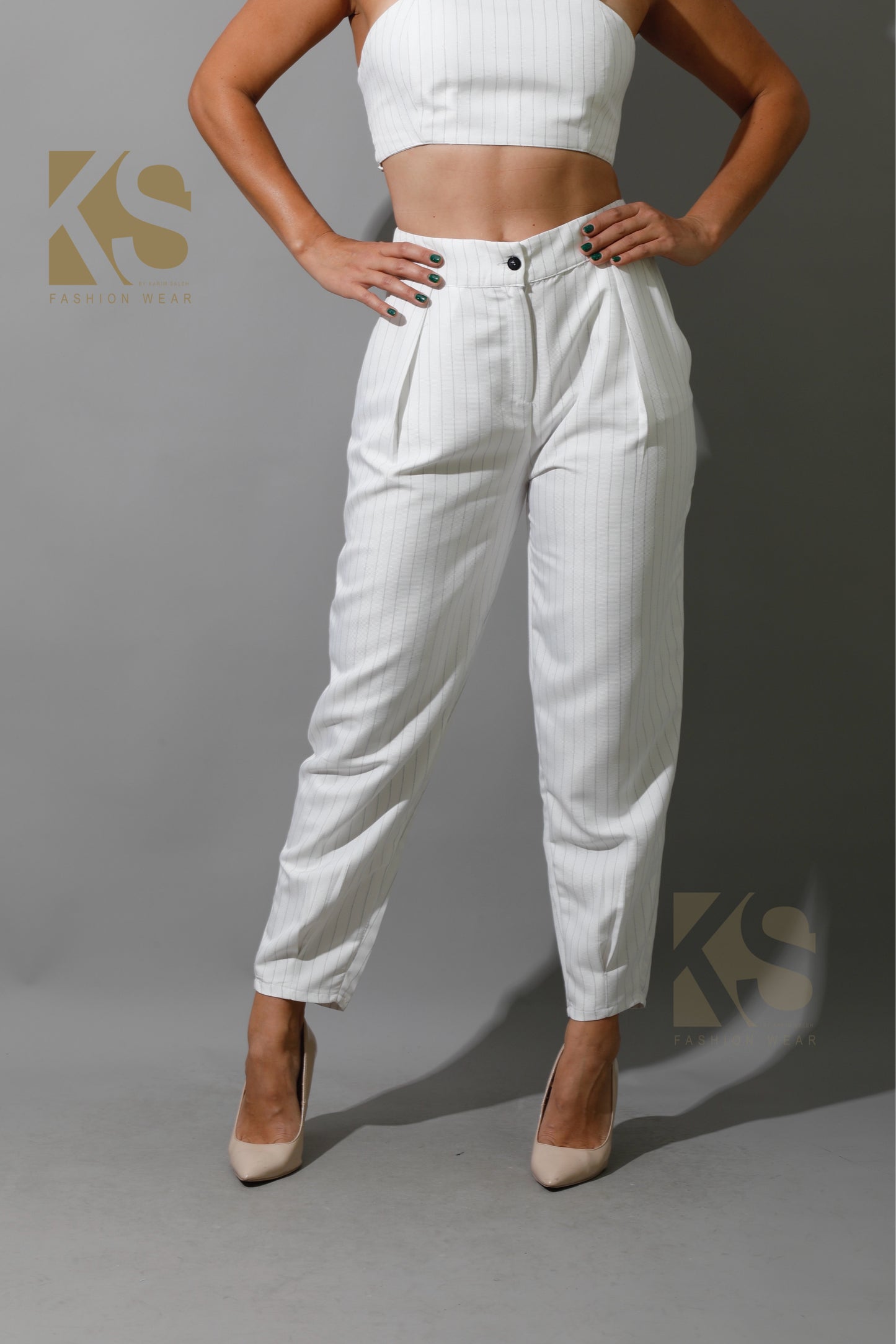Striped Cropped Blazer, Bra Top & Paper-bag Pants Co-Ord - White