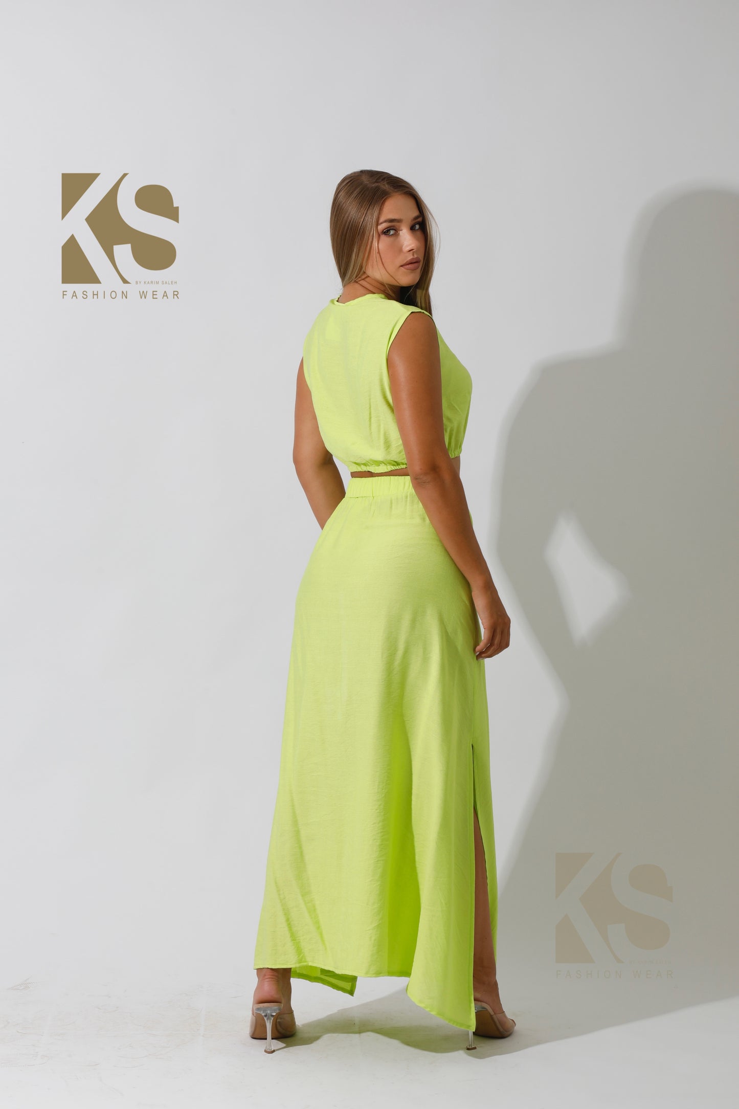 Co-Ord Crop Top & Maxi Side Slite Skirt - Lime Green