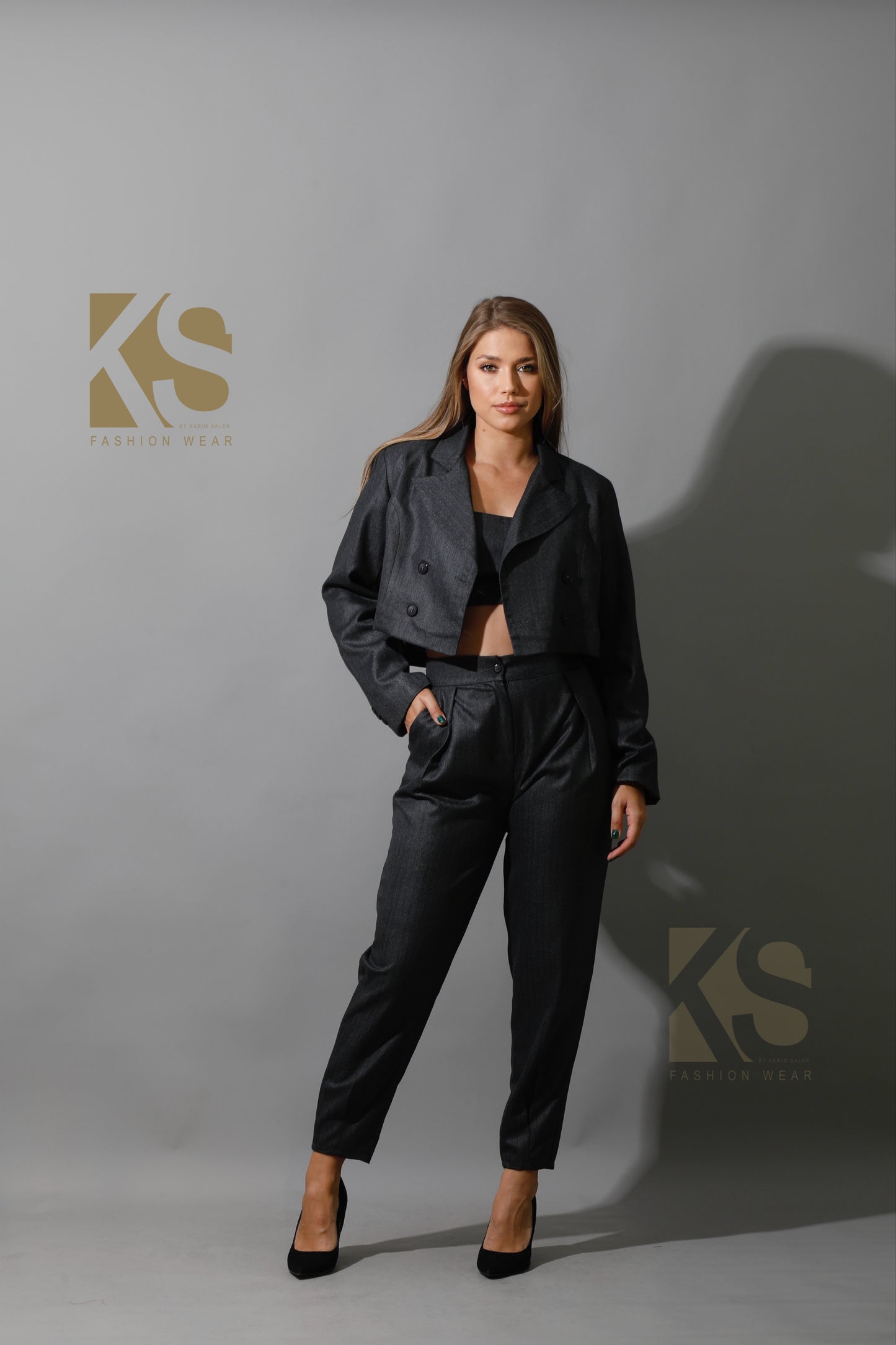 Striped Cropped Blazer, Bra Top & Paper-bag Pants Co-Ord - Gary
