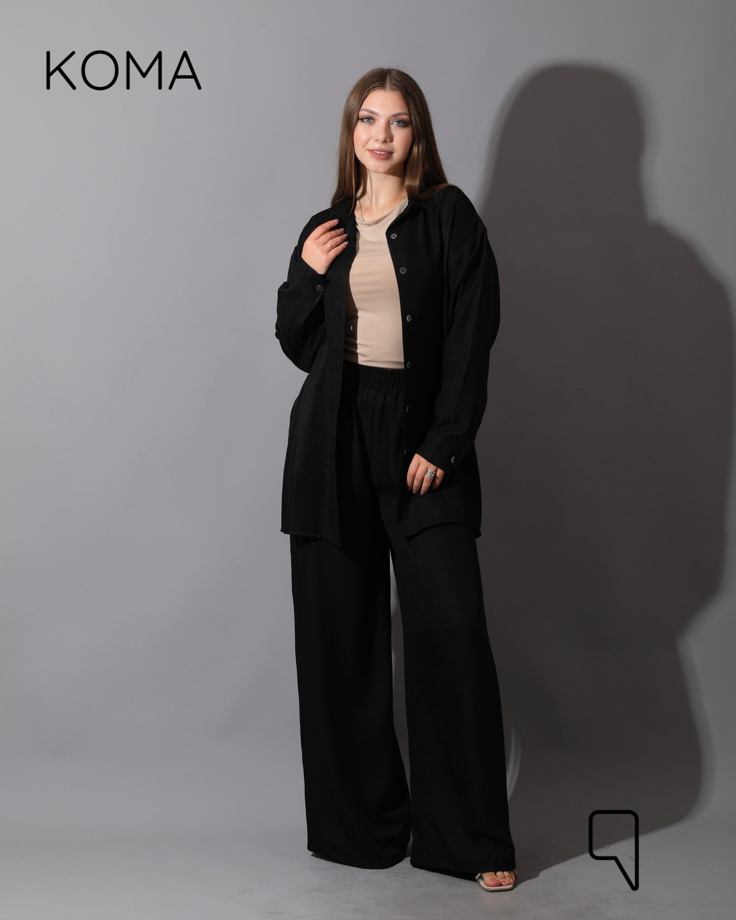 Co-Ord Lenin Long Sleeve Shirt & Wide Leg Trousers - Black
