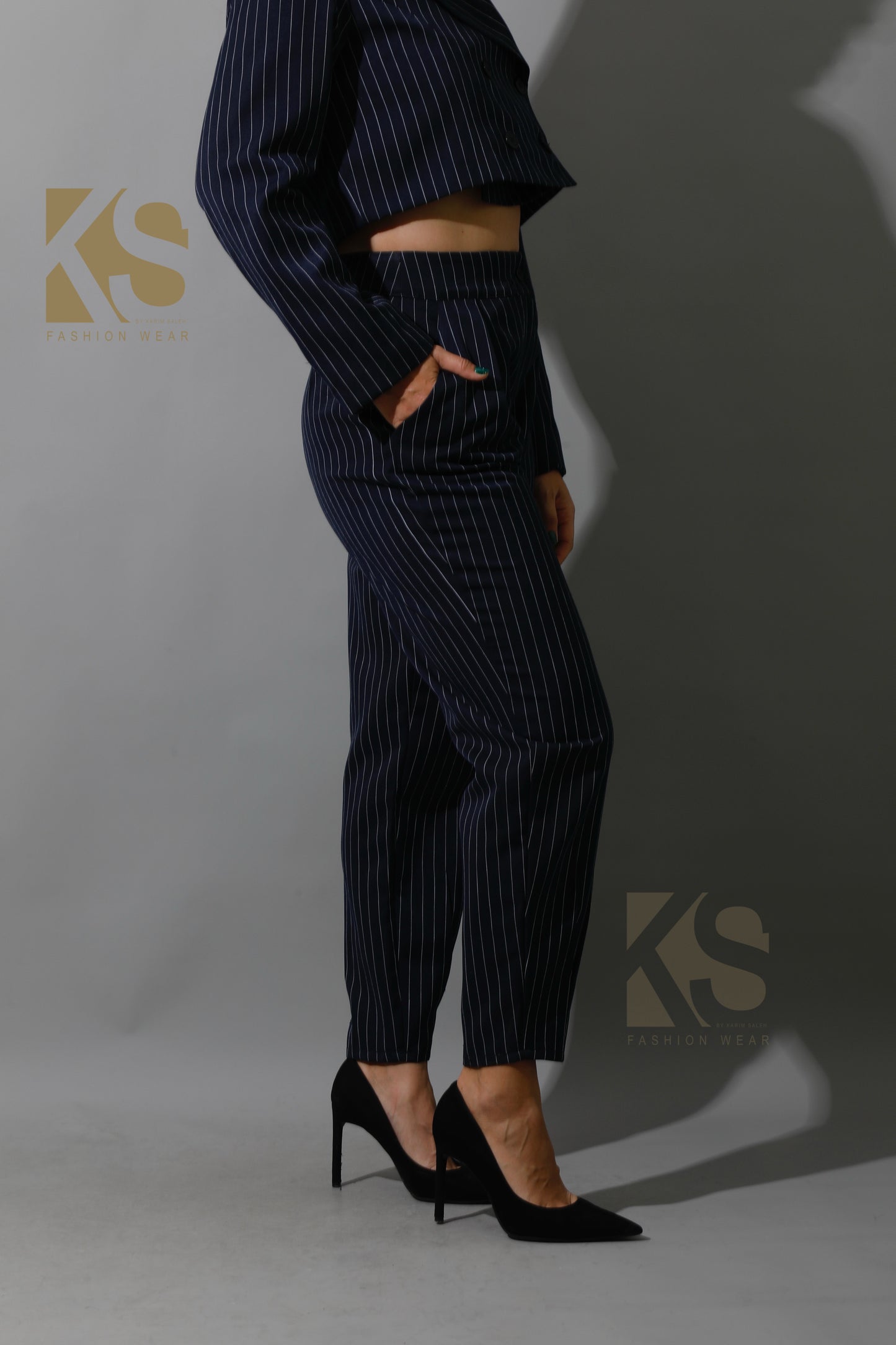 Striped Paper-bag Pants Co-Ord - Navy