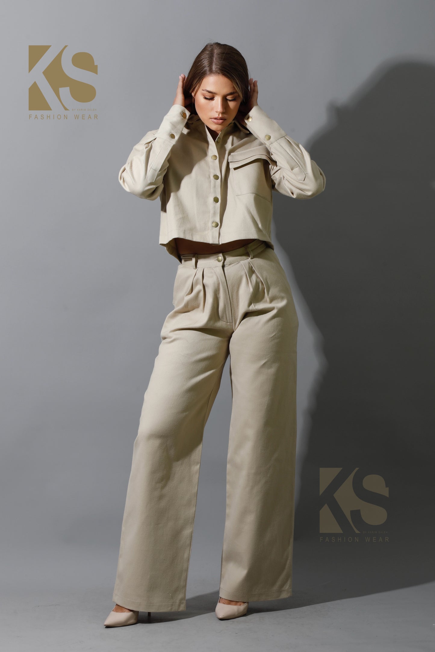 Co-ord Pleated Wide Leg Pants & Cropped Shirt - Beige