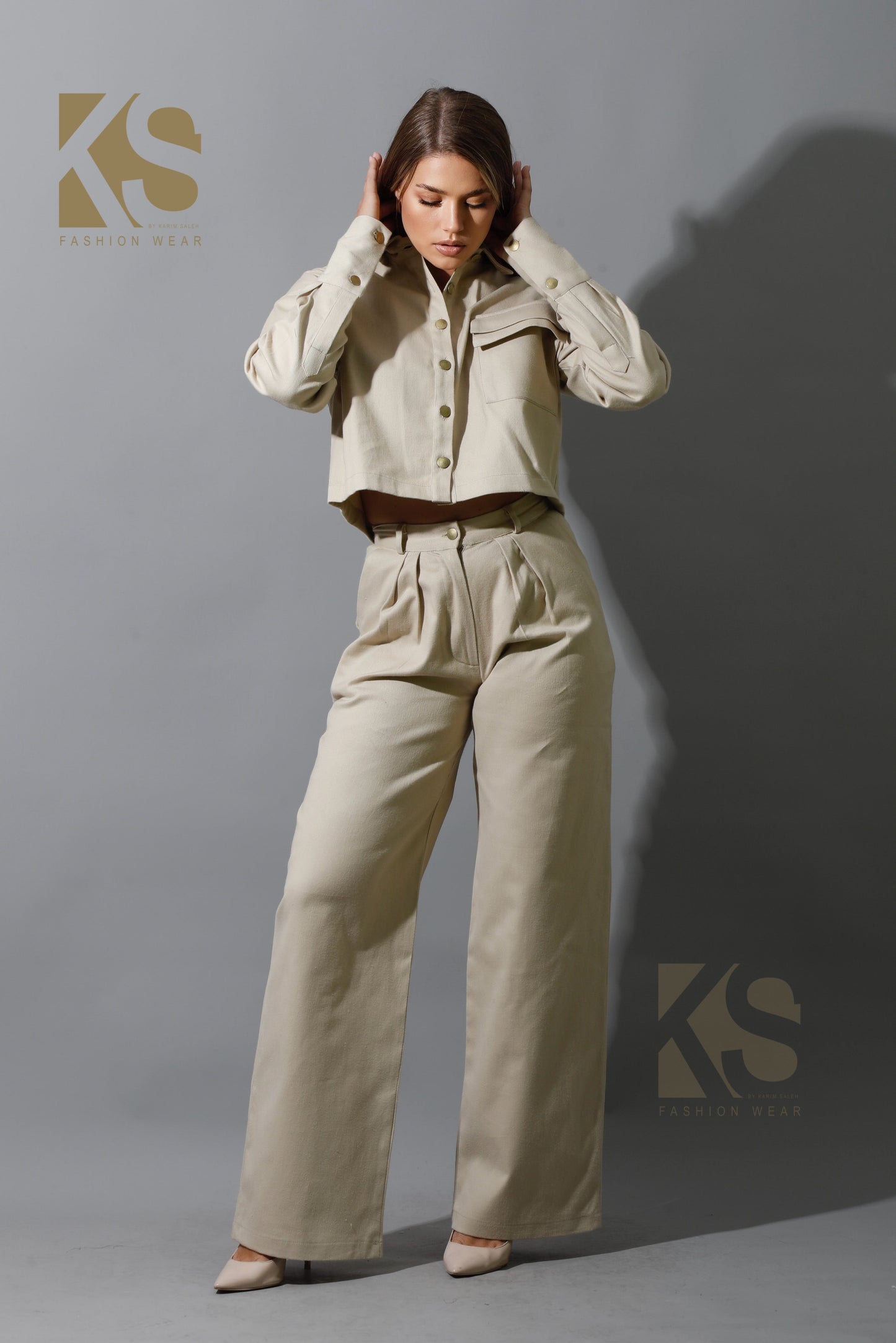 Co-ord Pleated Wide Leg Pants - Beige