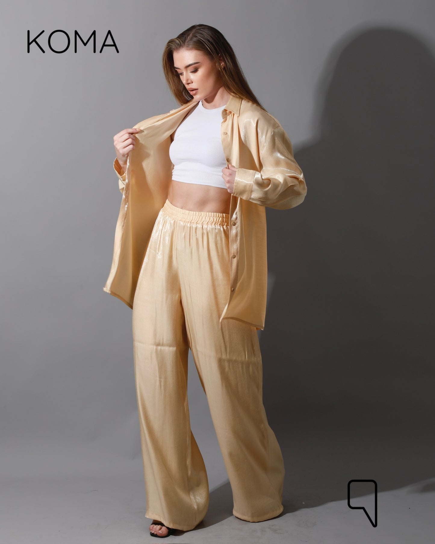 Shemer Long Shirt & Wide Leg Trousers Set - Beige