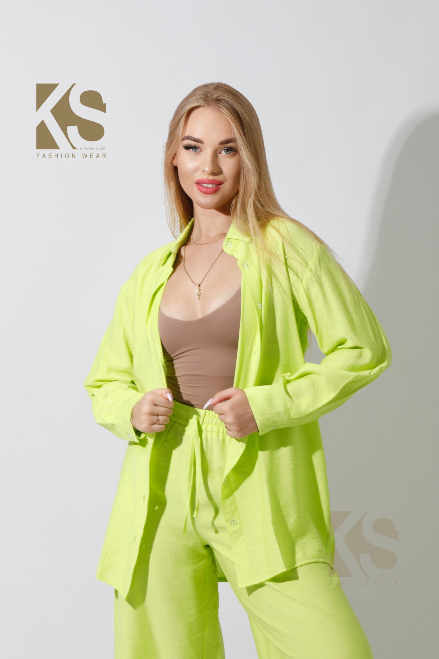 Co-Ord Long Shirt & Wide Leg Trousers - Lime Green